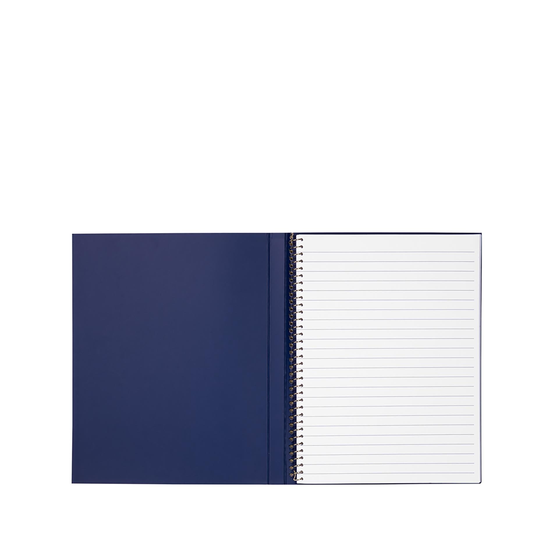 Open notebook with blue cover and white lined pages on a white background