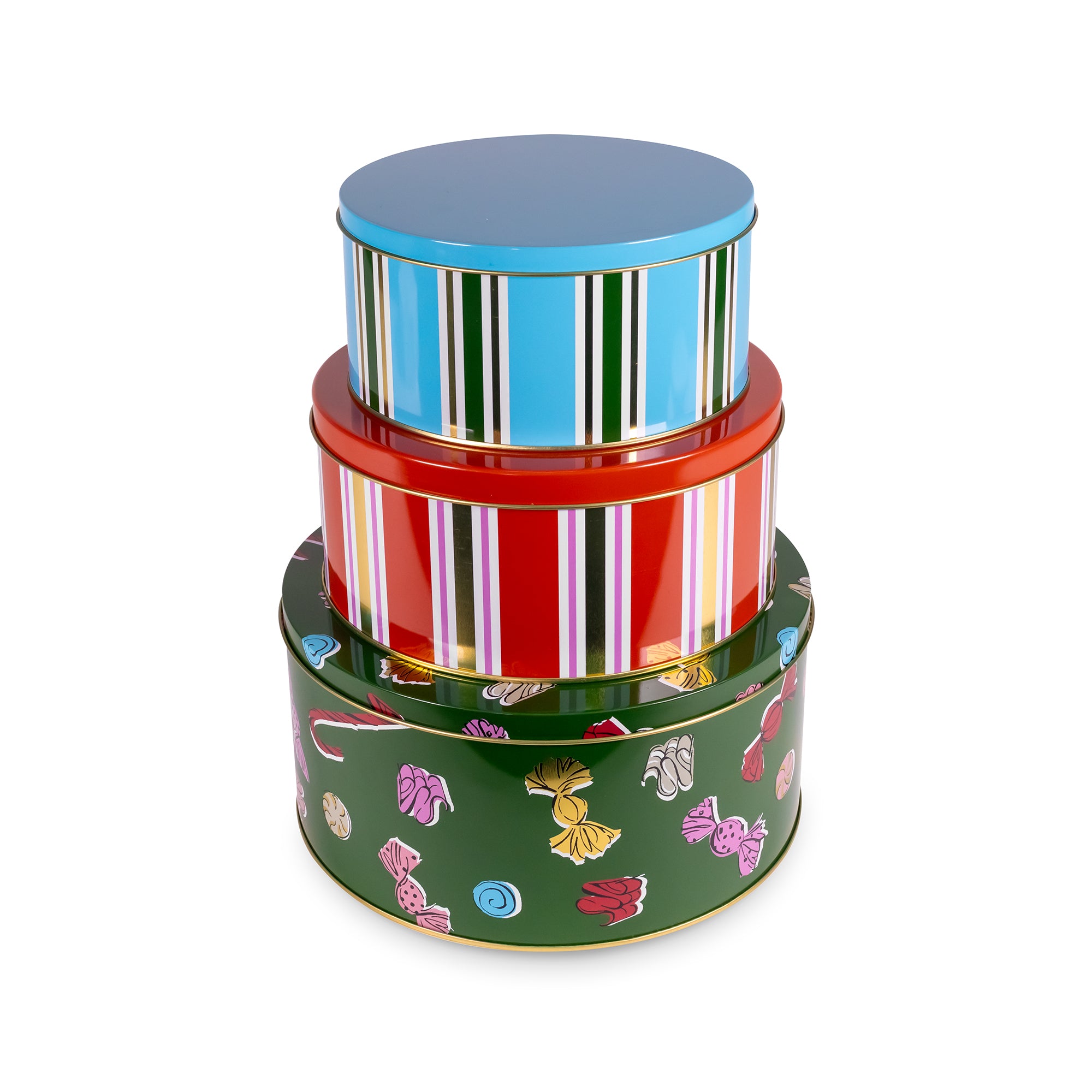 Three stacked round metal gift boxes with lids, featuring colorful striped and candy-print designs on a white background.