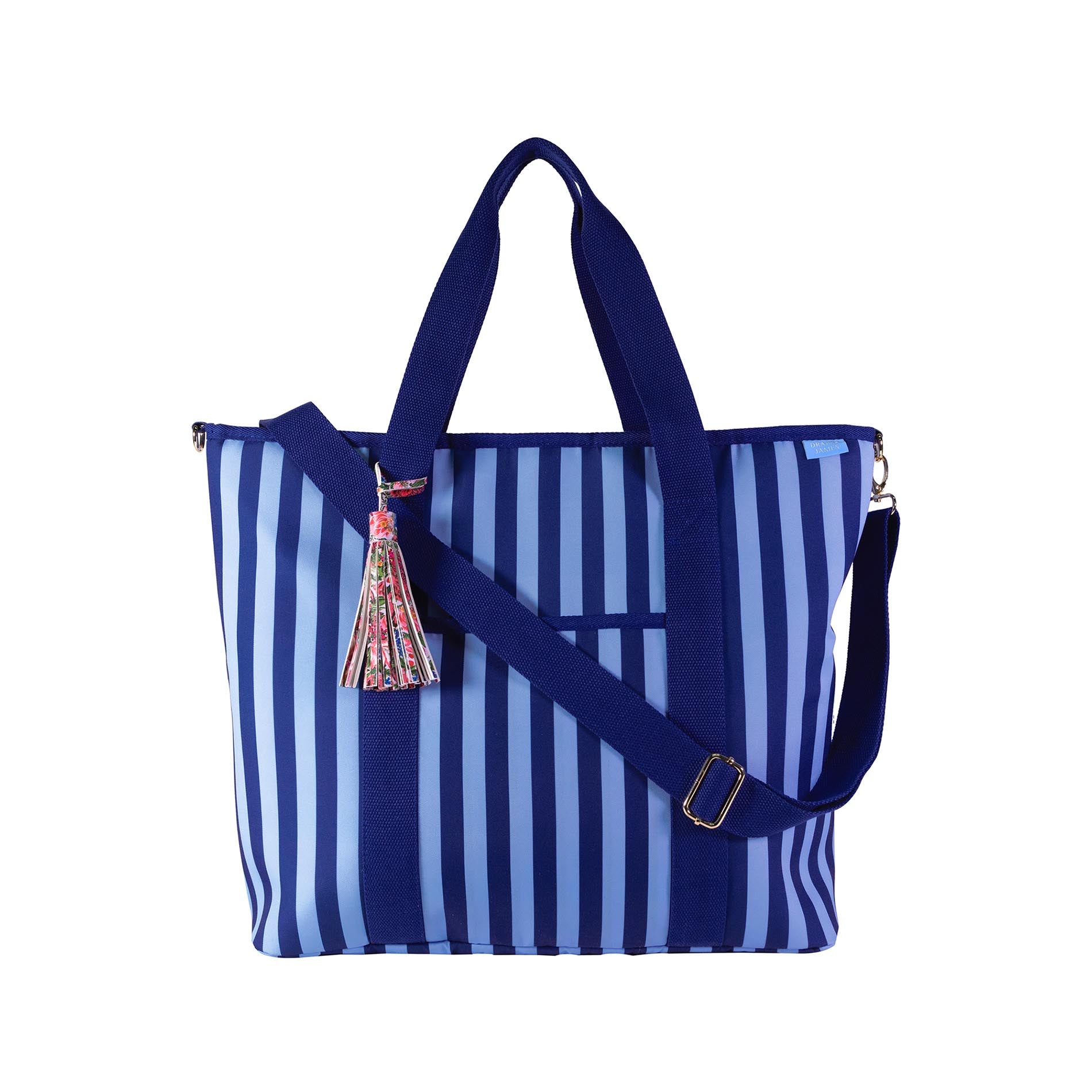 Dark blue and light blue striped tote bag with a tassel on a white background