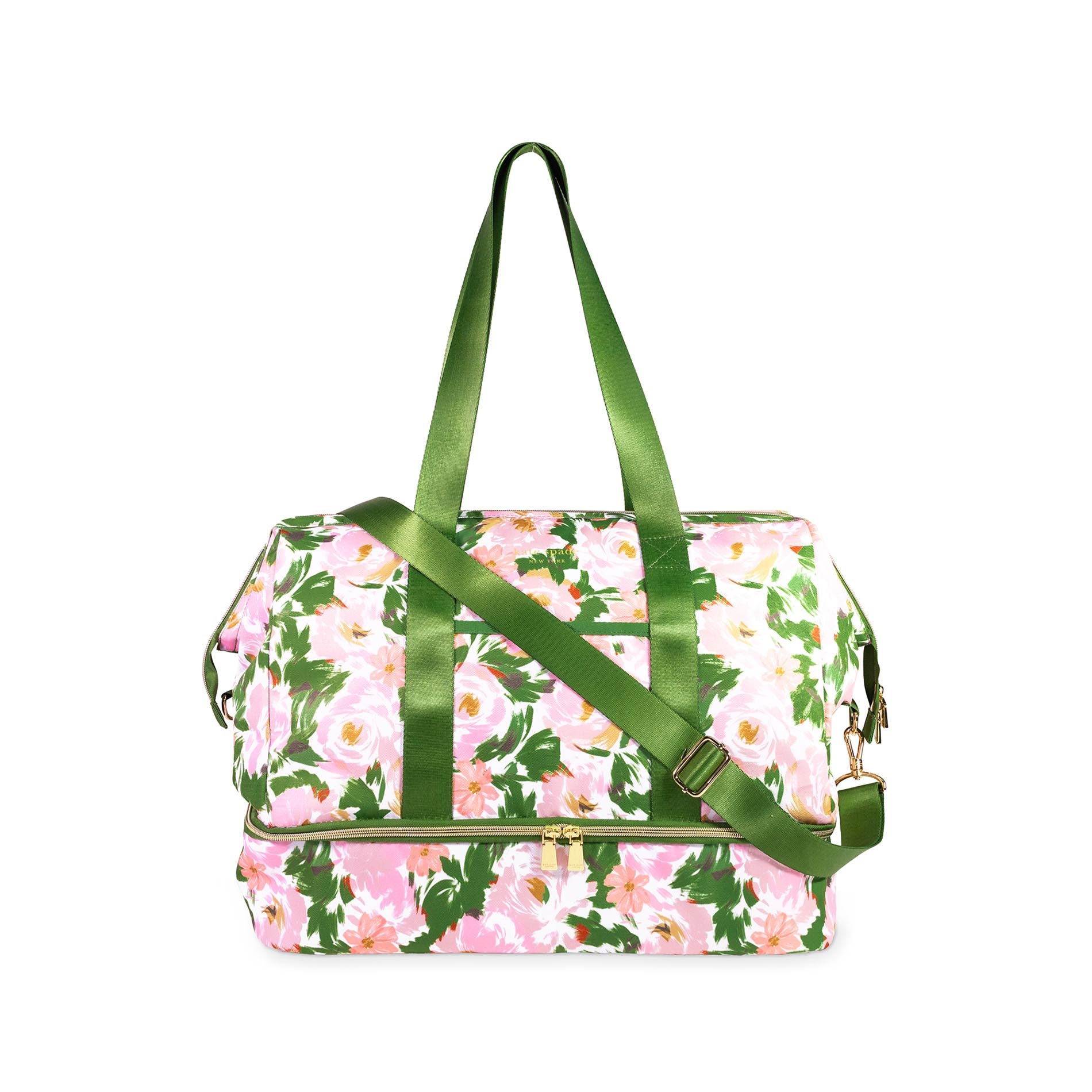 Floral-patterned bag with green straps on a white background