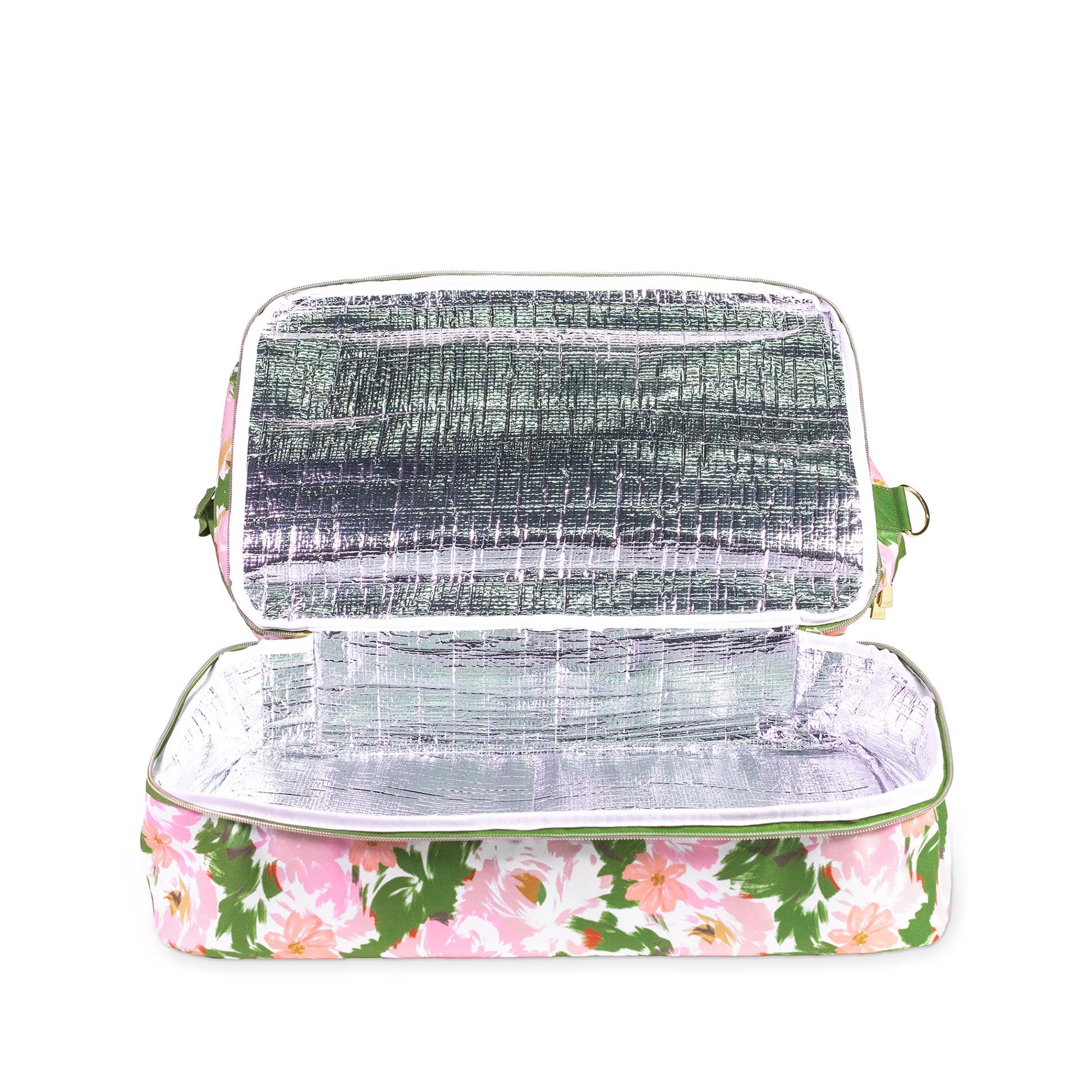 Floral-patterned cooler with silver interior on a white background