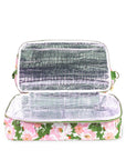 Floral-patterned cooler with silver interior on a white background