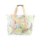 Floral patterned tote bag with pink straps on a white background