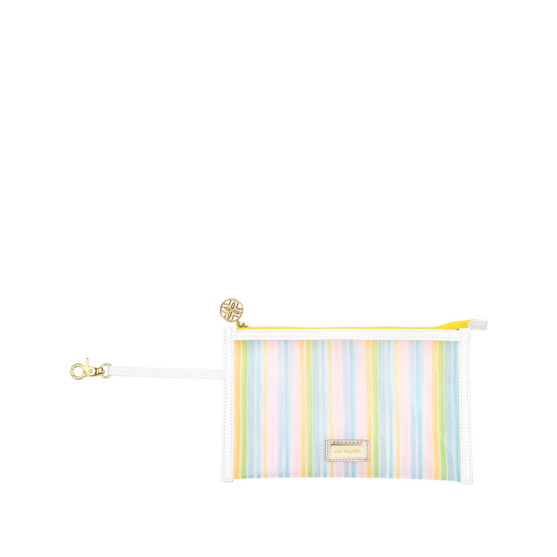 Striped pouch with a gold clasp on a white background
