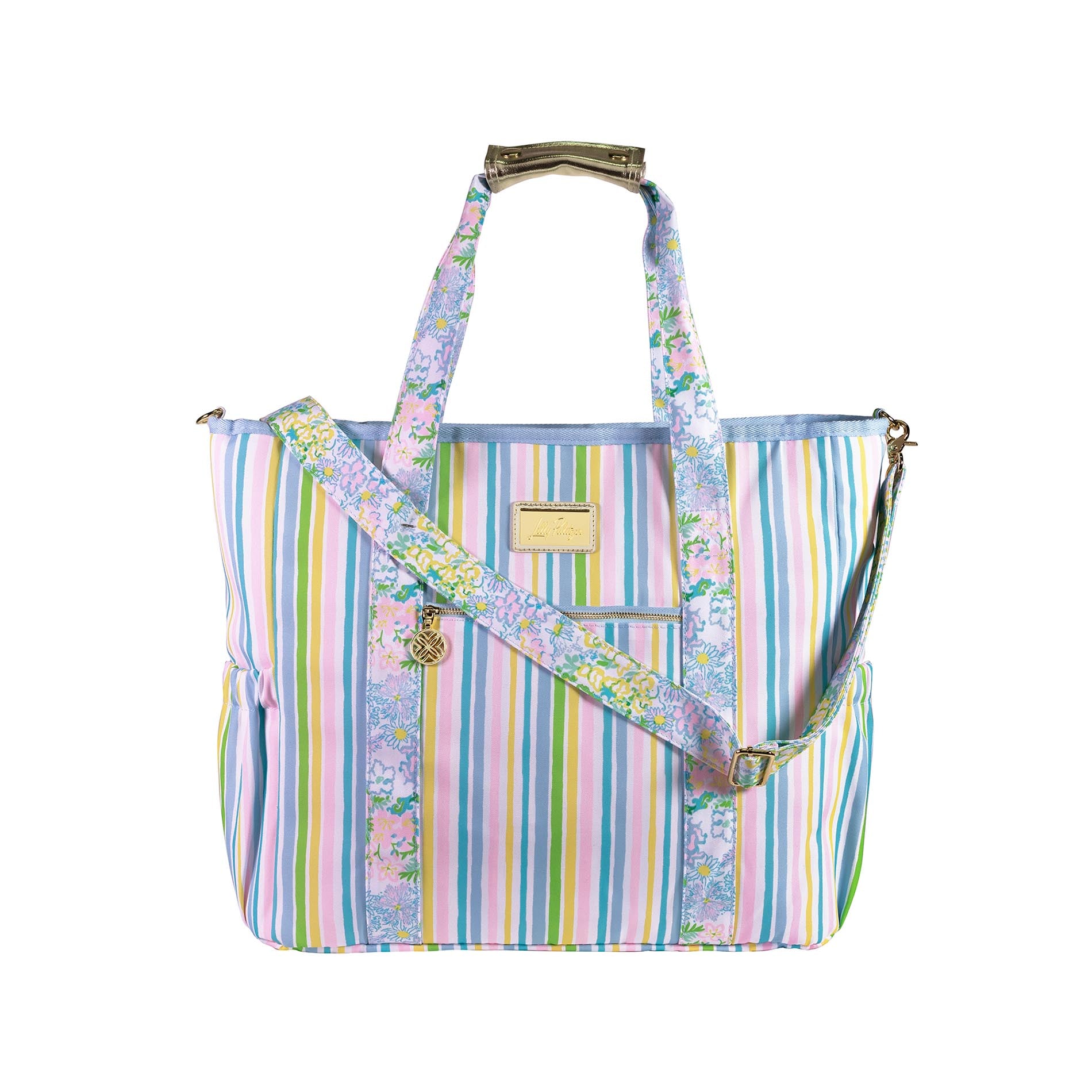 Multicolored striped tote bag with floral accents on a white background