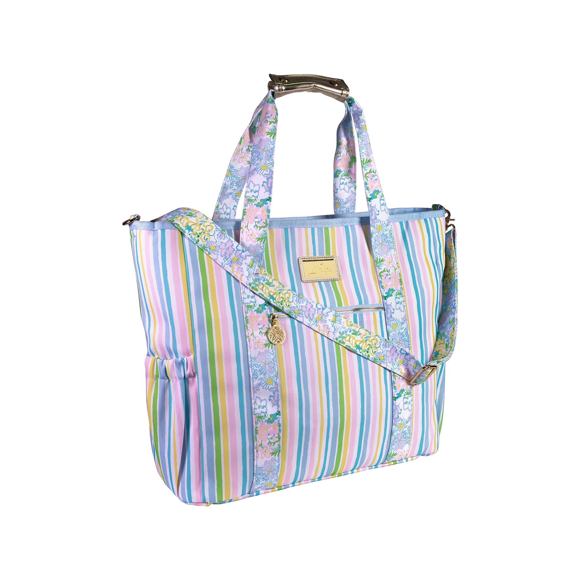 Multicolored striped bag with floral accents on a white background
