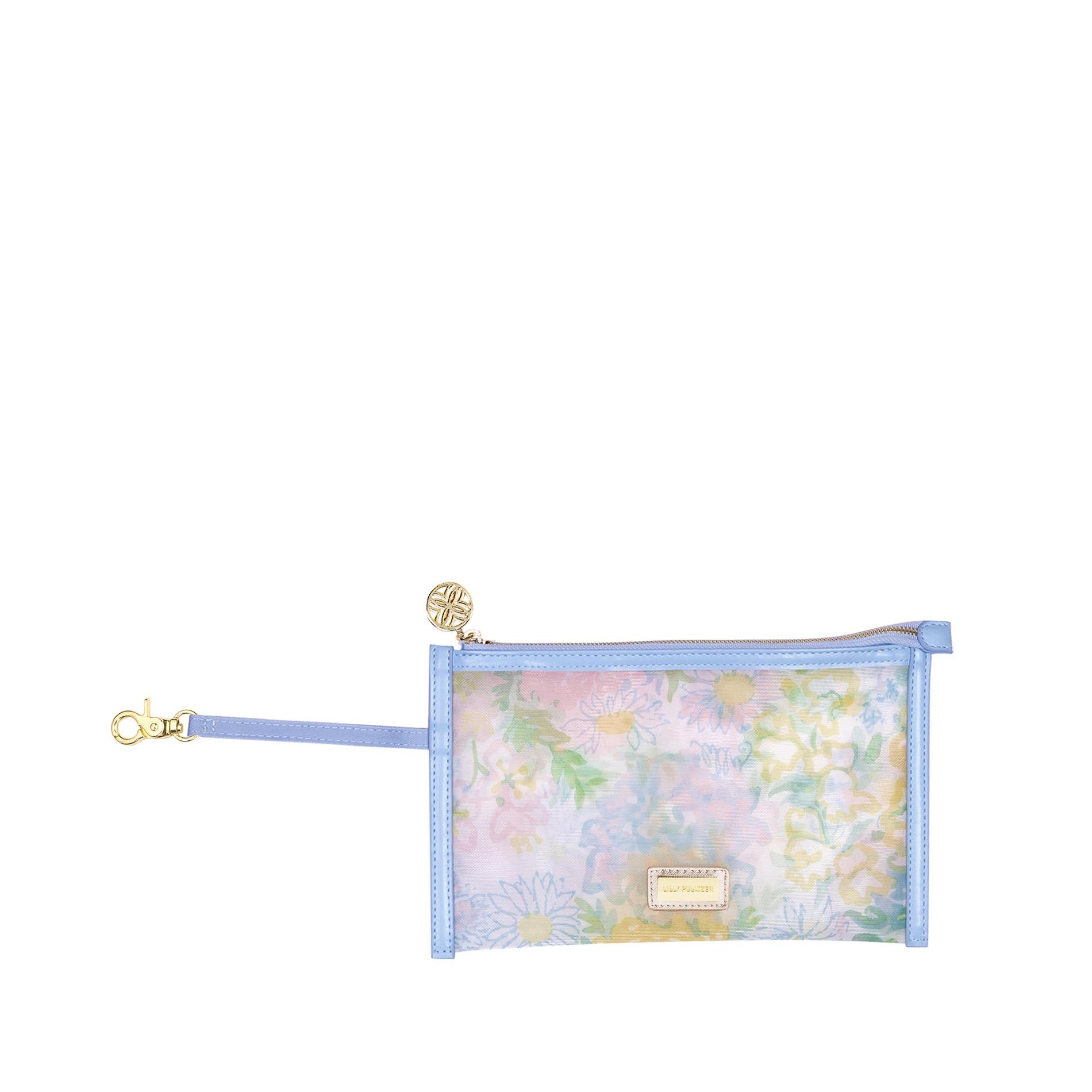 Floral pouch with a blue strap on a white background