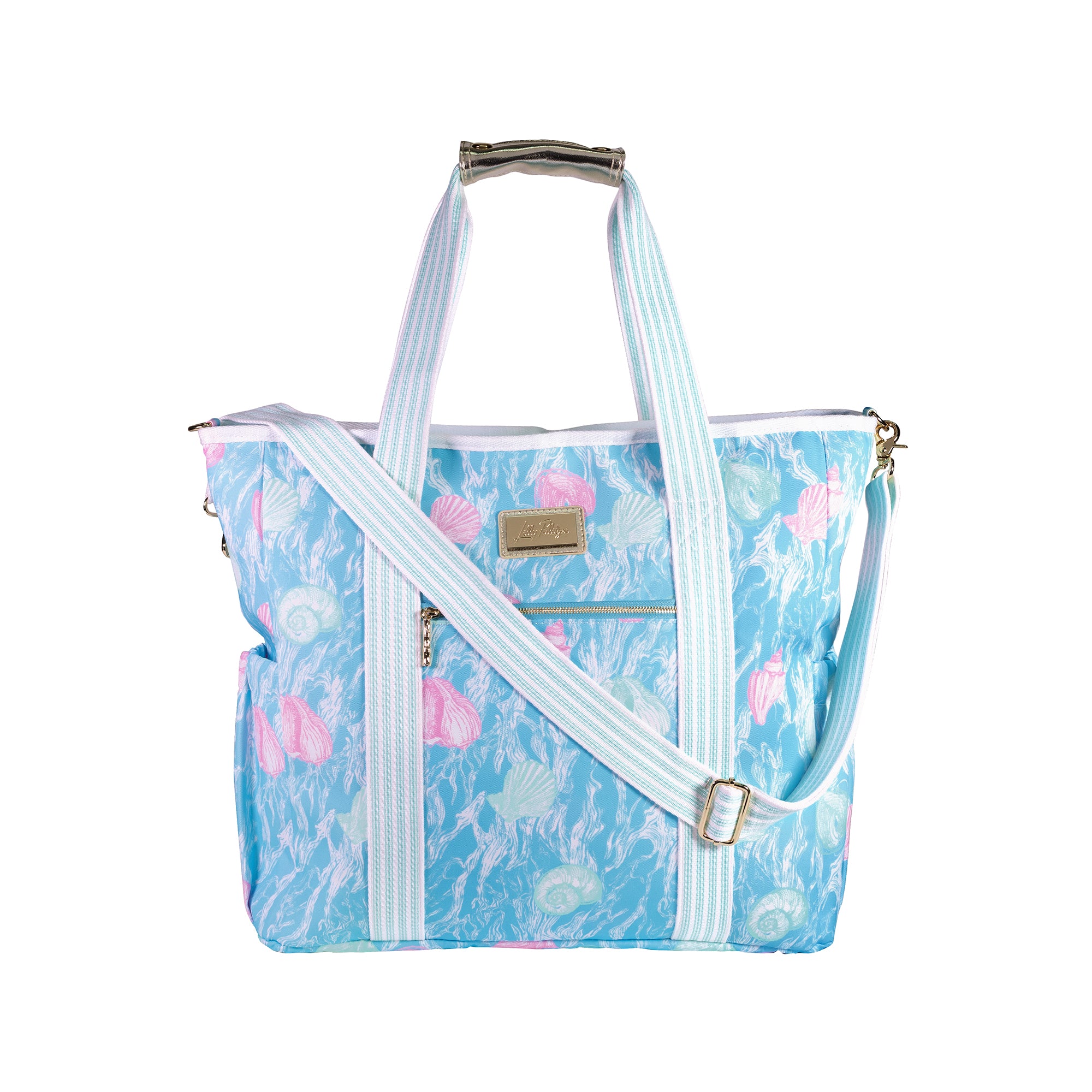 Blue floral patterned bag with a white strap on a white background