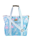 Blue floral patterned bag with a white strap on a white background