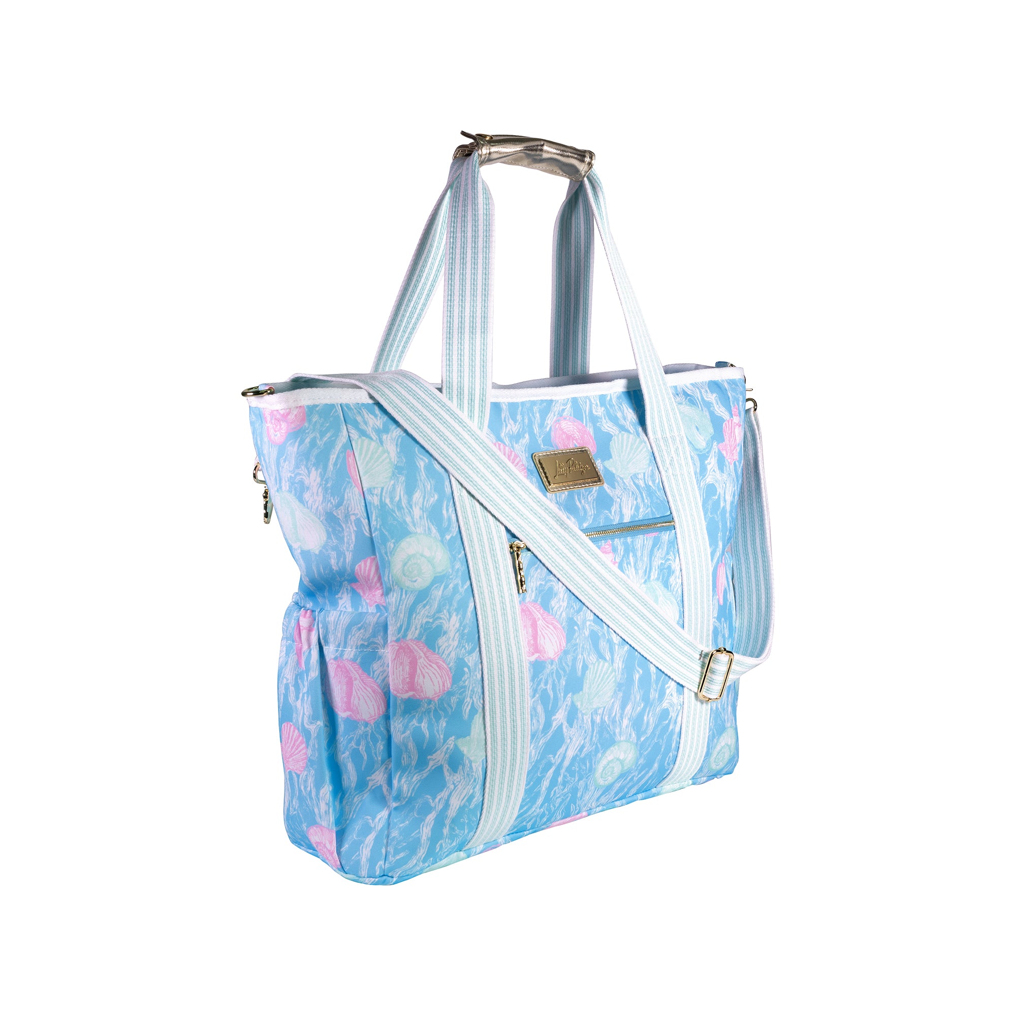 Blue floral-patterned tote bag with white straps on a white background