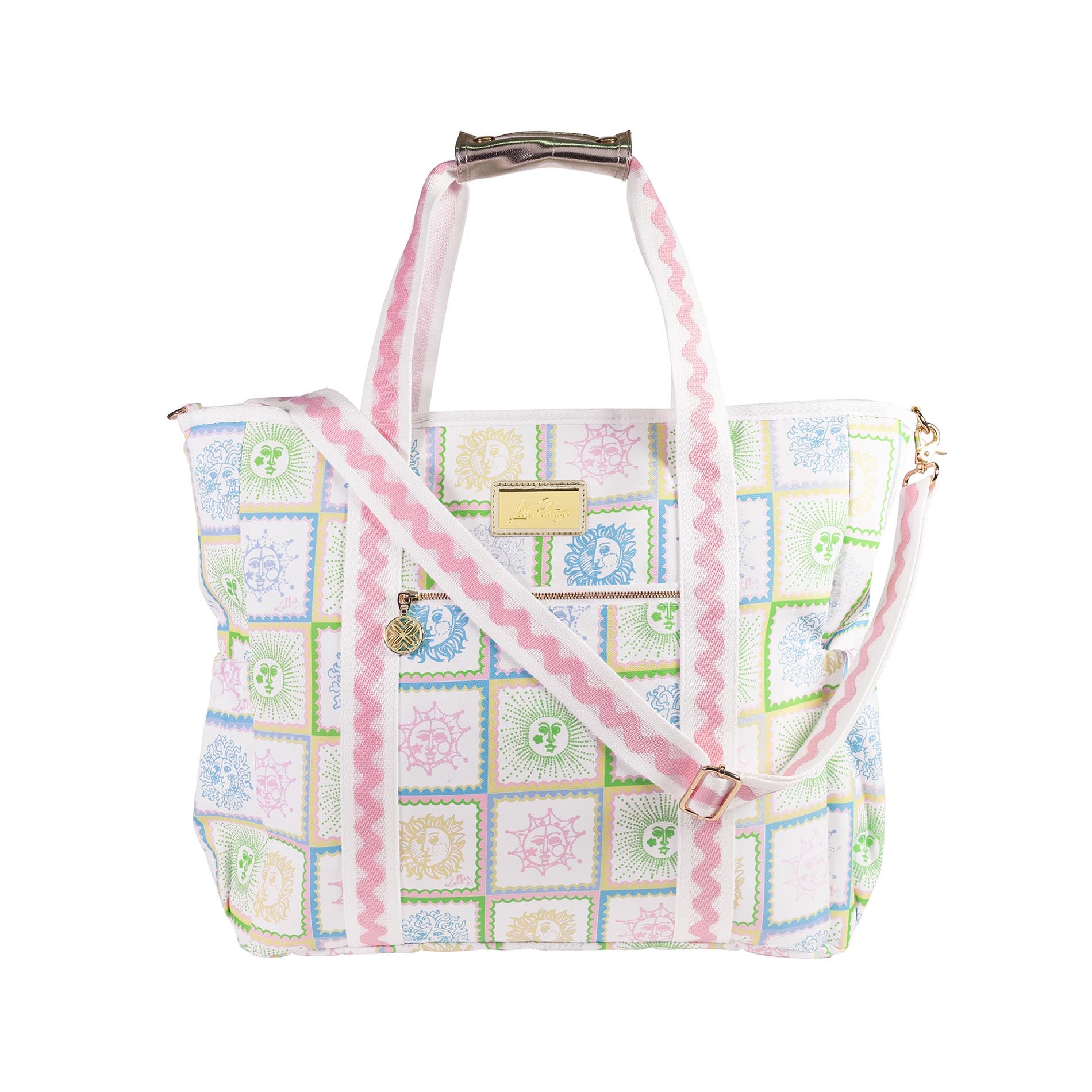 Patterned handbag with pink strap on a white background