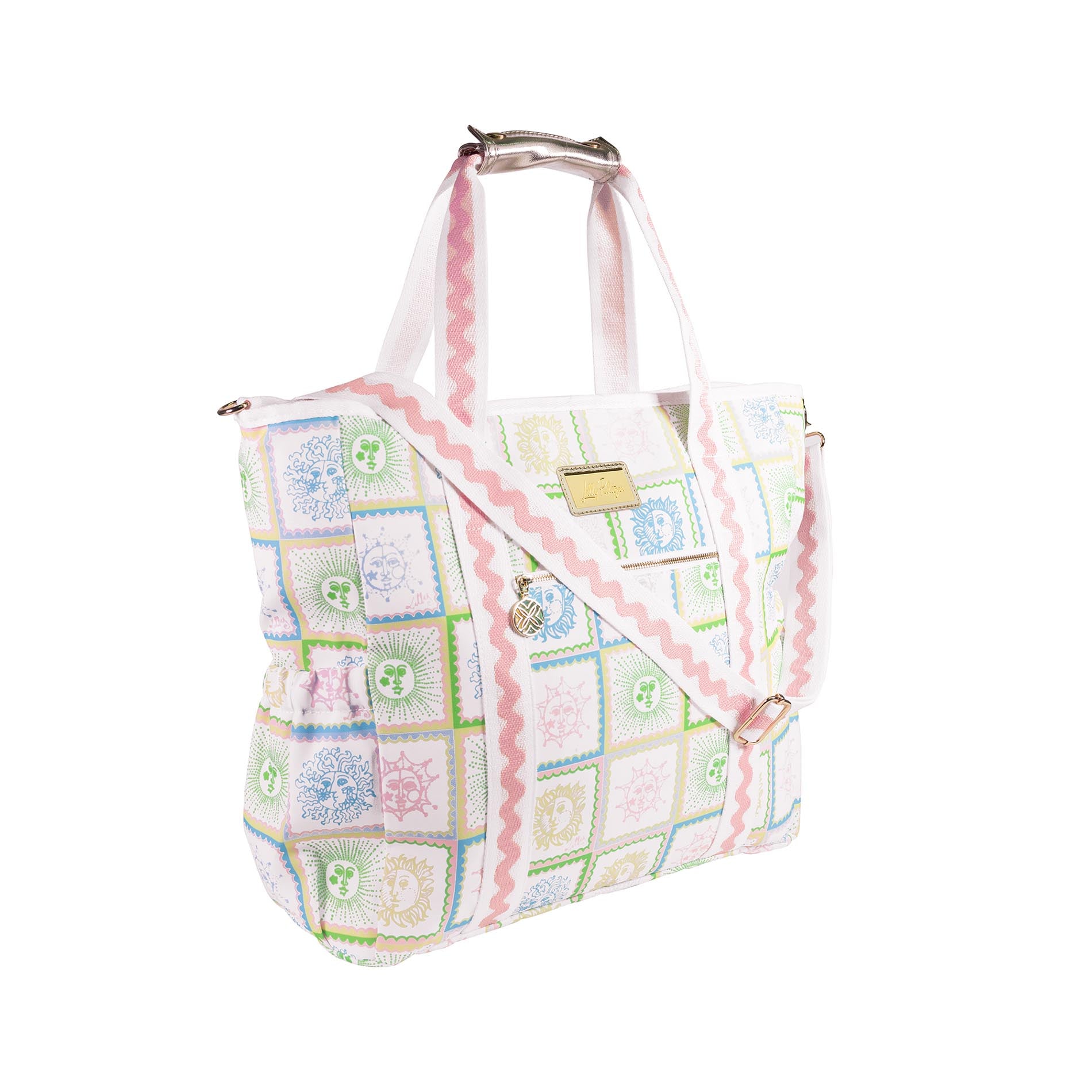 Patterned handbag with a shoulder strap on a white background