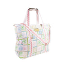 Patterned handbag with a shoulder strap on a white background