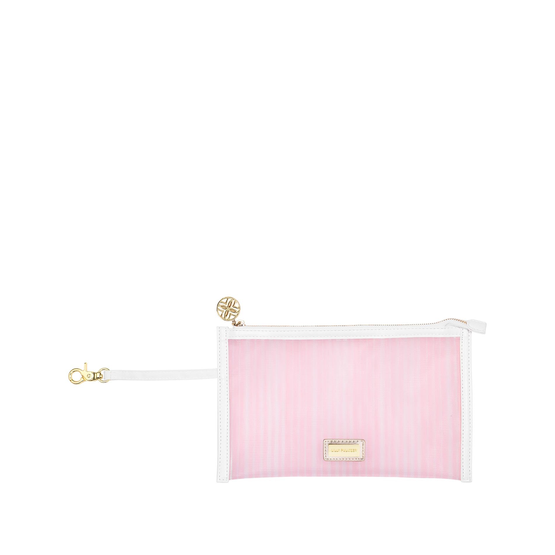 Pink pouch with gold clasp on a white background
