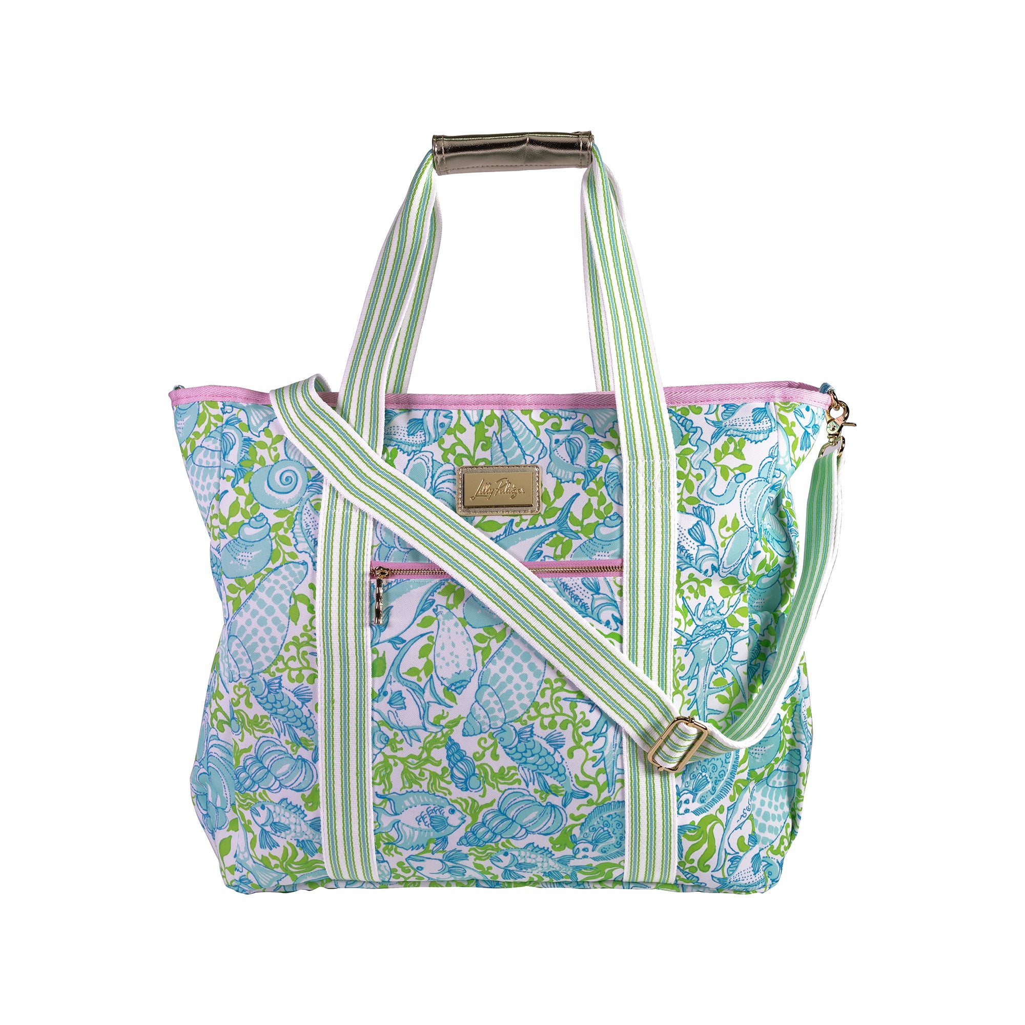 Patterned tote bag with green straps on a white background