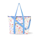 Floral tote bag with blue checkered straps on a white background