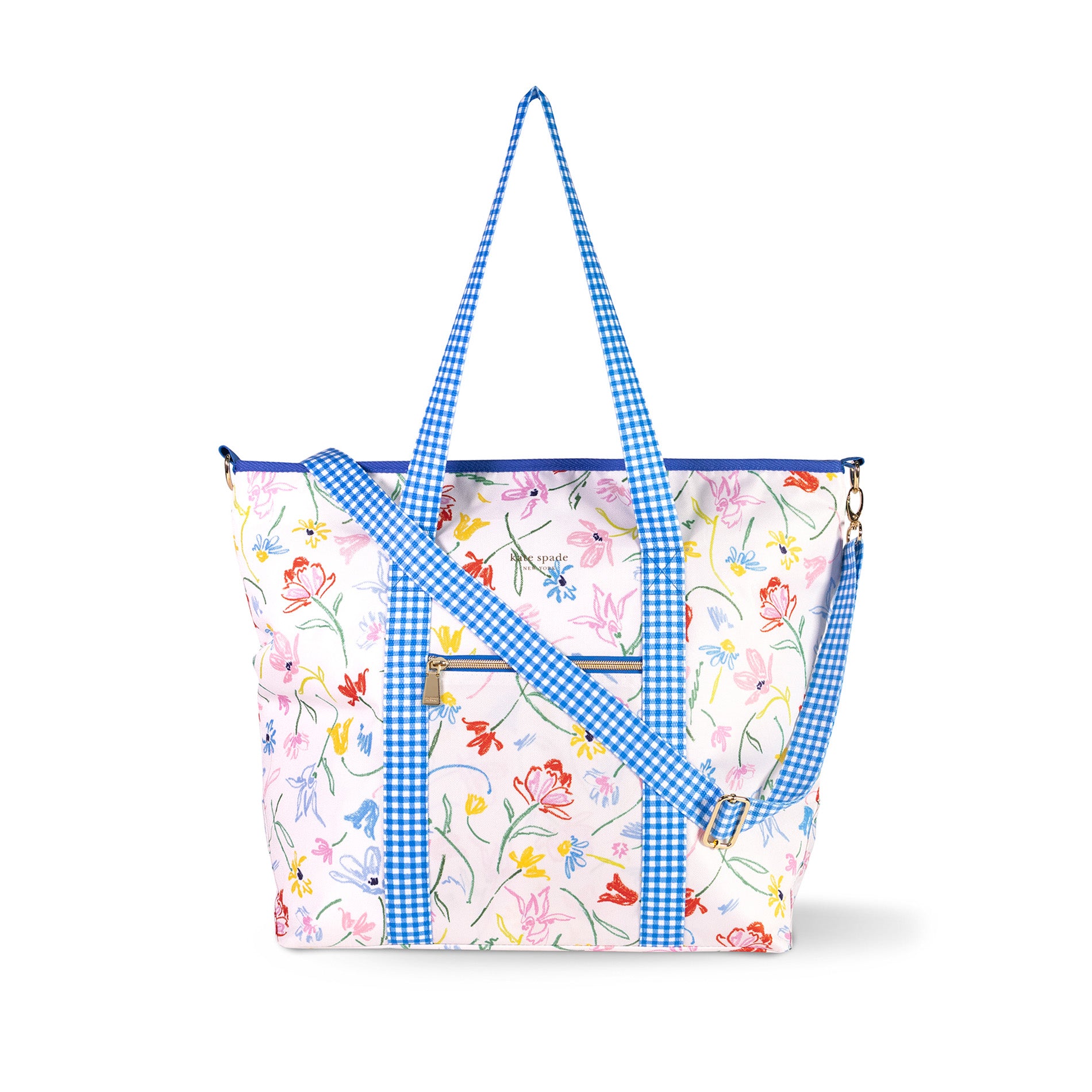 Floral tote bag with blue checkered straps on a white background