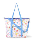 Floral tote bag with blue checkered straps on a white background