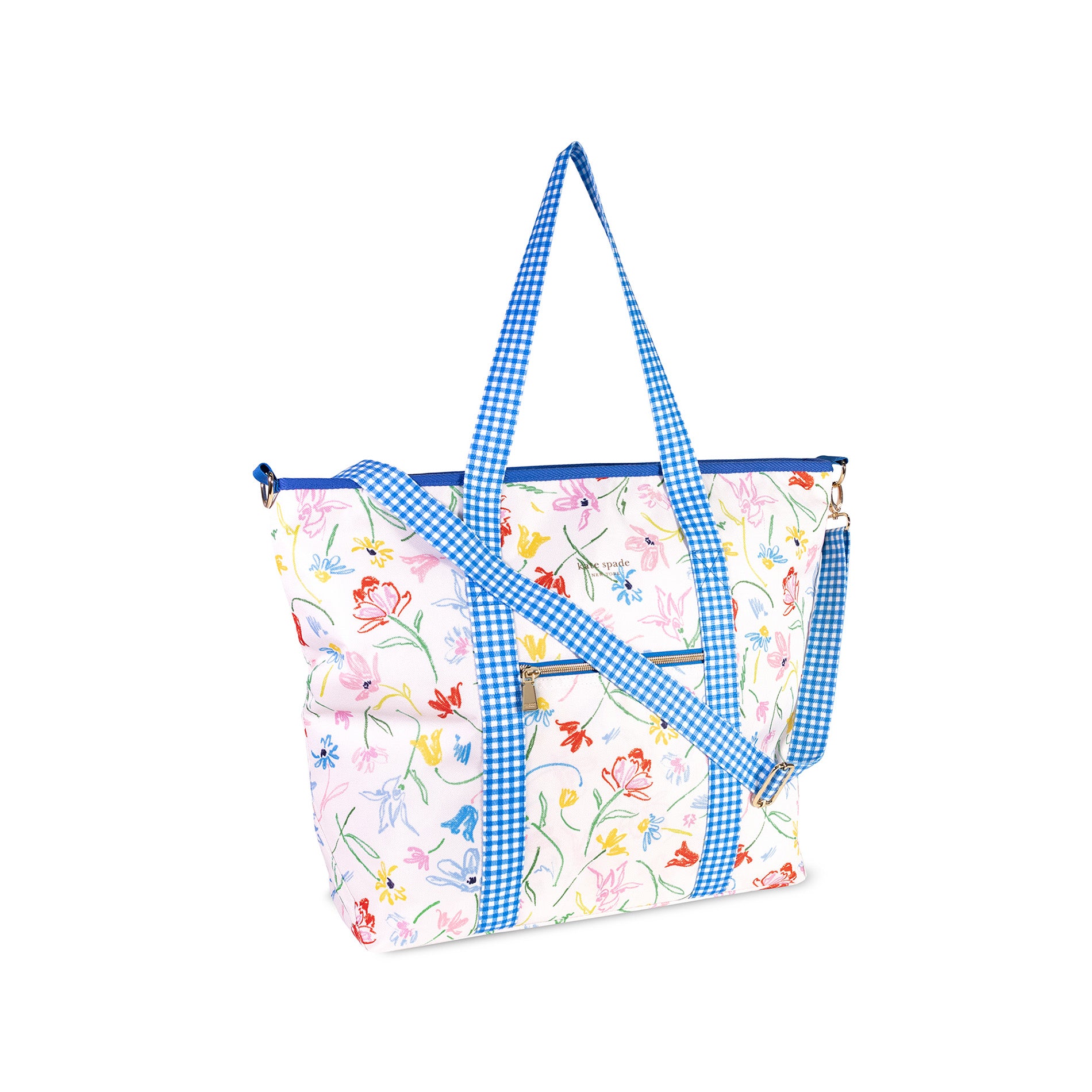Floral-patterned tote bag with blue checkered straps on a white background