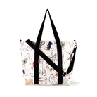Tote bag with black straps and a colorful pattern on a white background