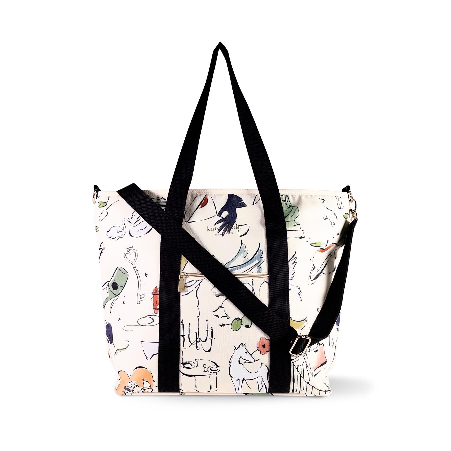 Tote bag with black straps and a colorful pattern on a white background