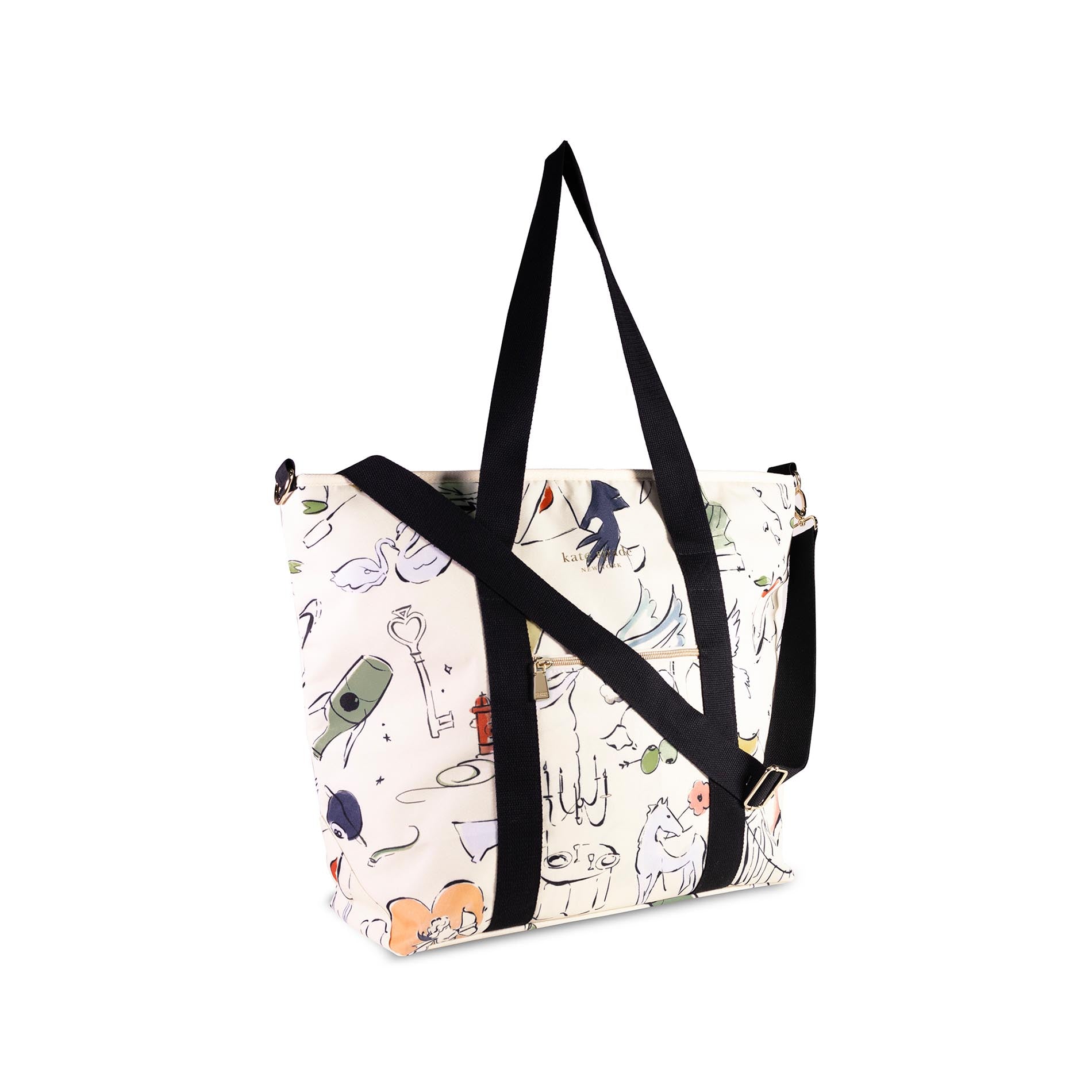 Tote bag with black straps and a colorful pattern on a white background