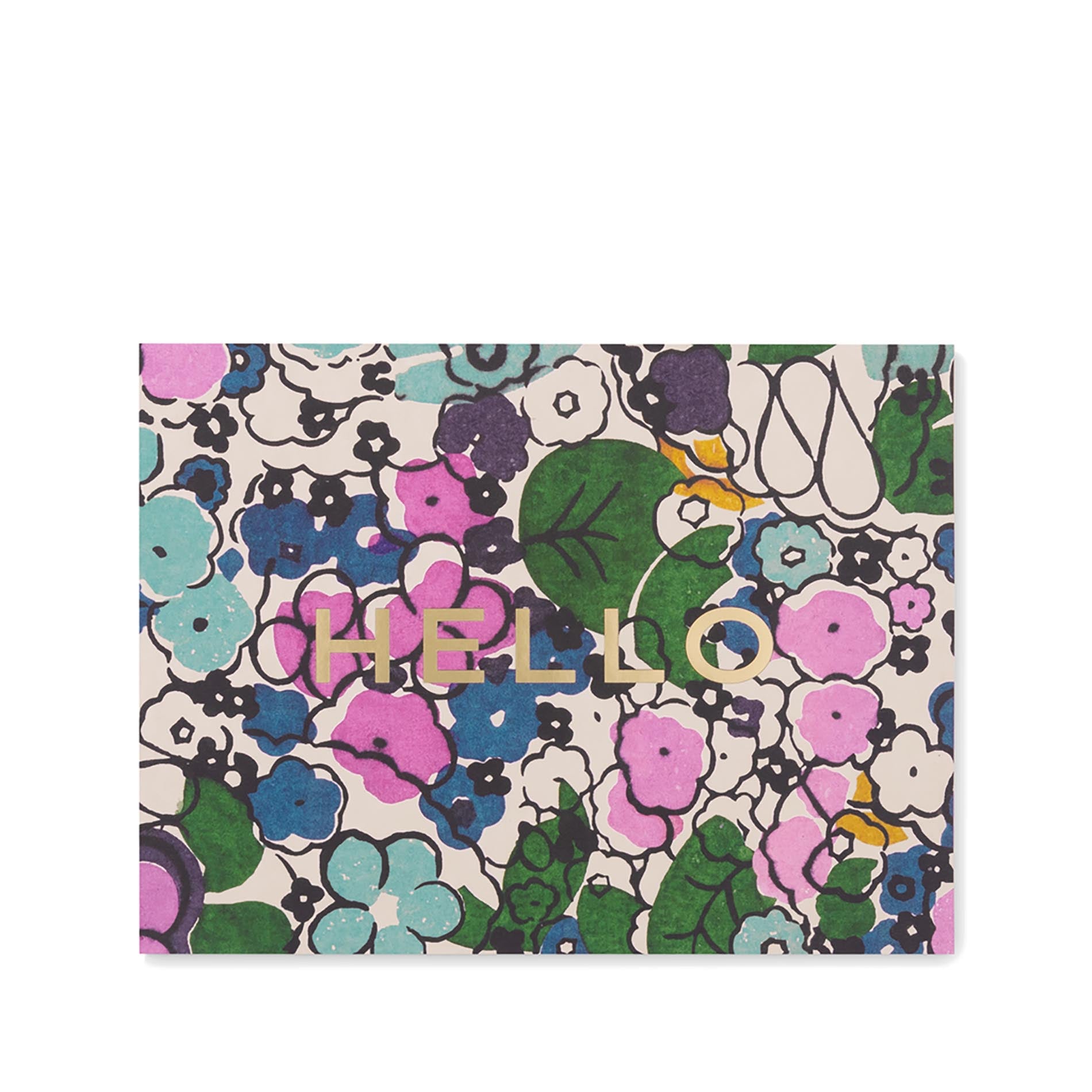 Floral patterned card with 'HELLO' text on a white background
