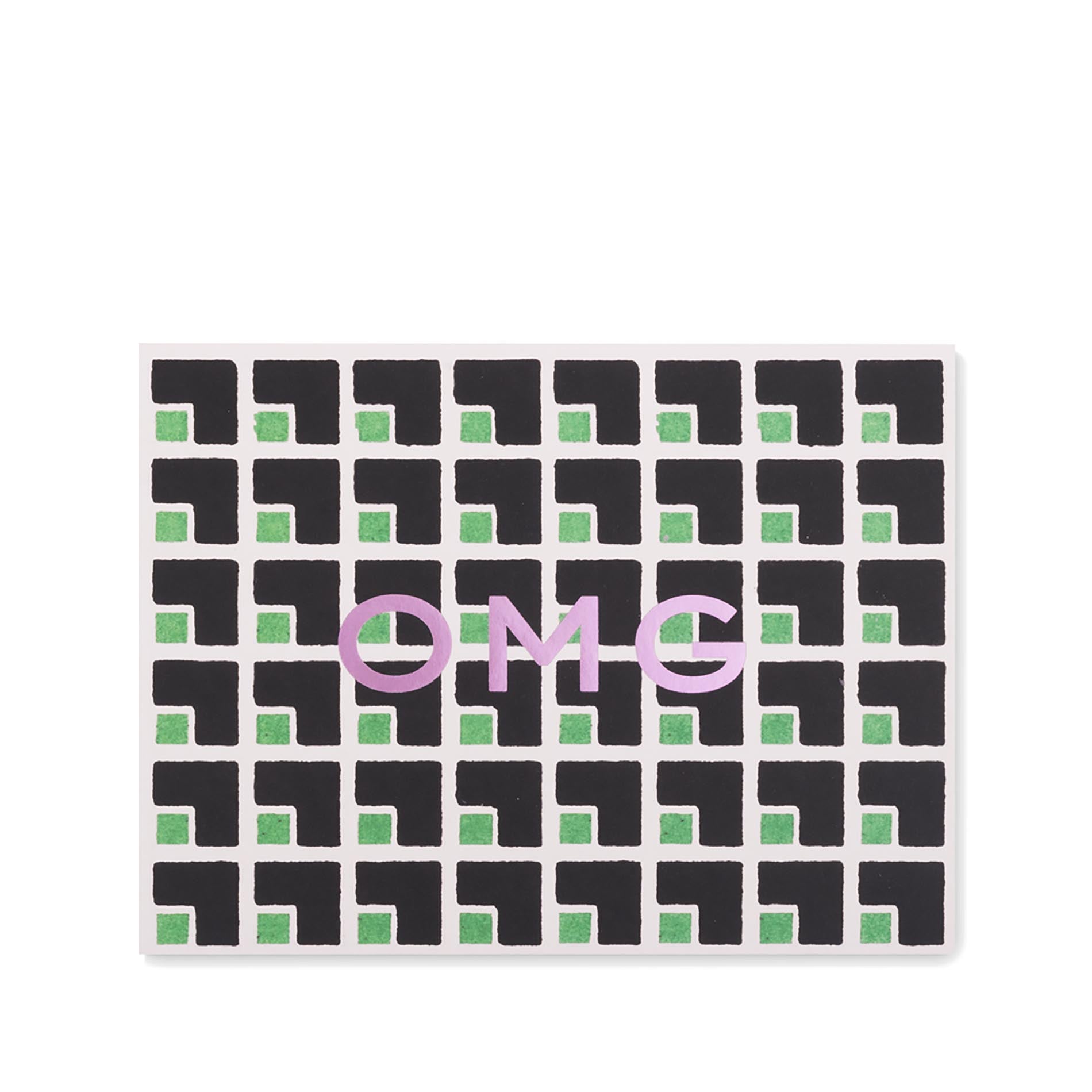 Greeting card with black and green geometric pattern and 'OMG' in pink on a white background