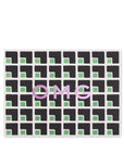 Greeting card with black and green geometric pattern and 'OMG' in pink on a white background