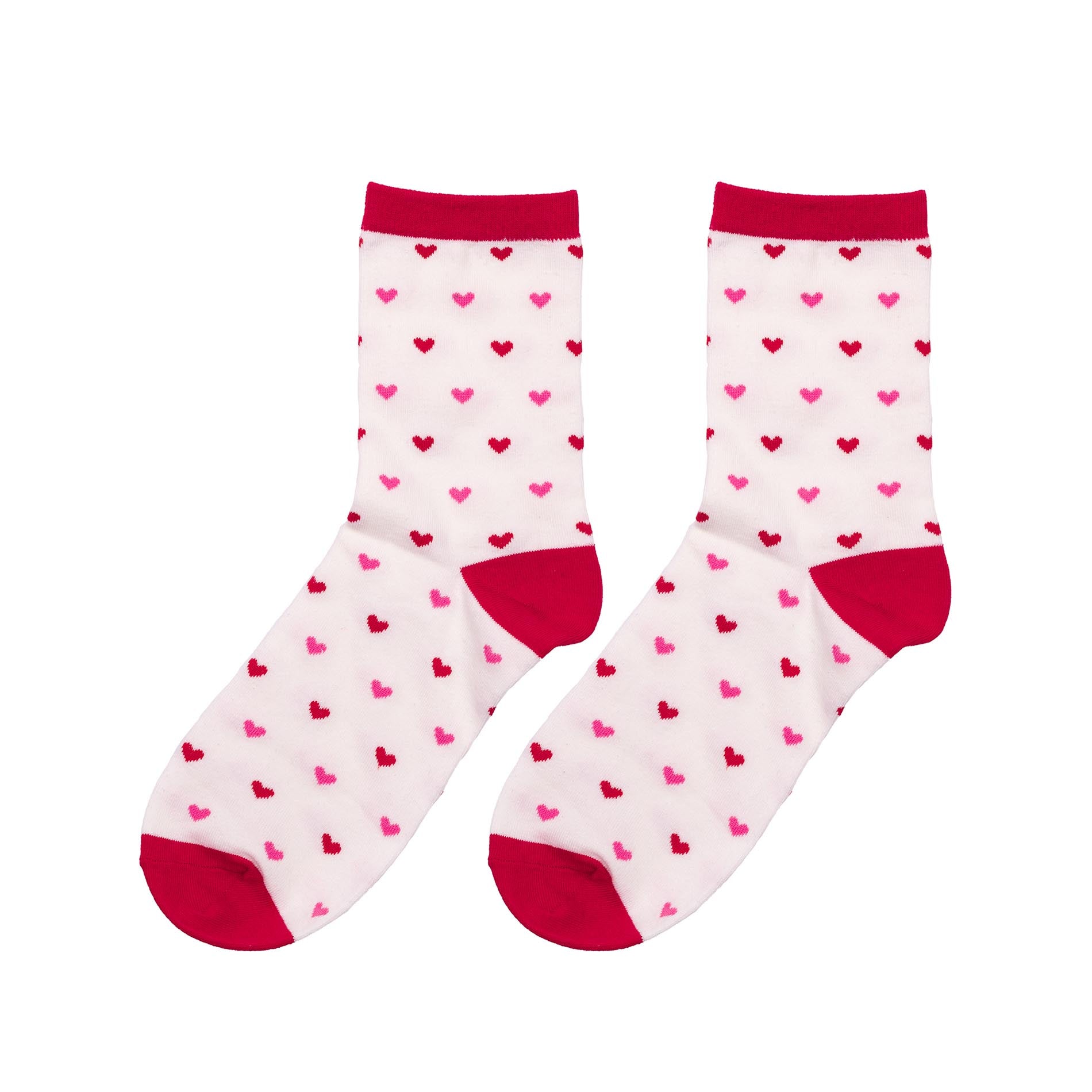 White socks with pink heart patterns and red accents on a white background