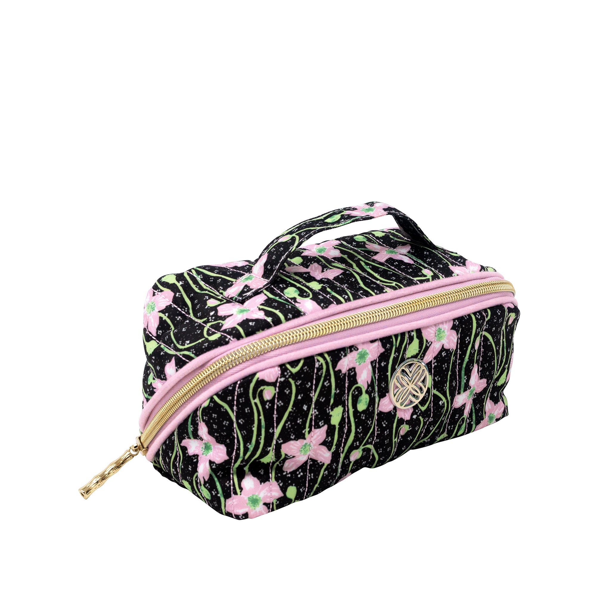 A rectangular cosmetic pouch with a black background, pink floral pattern, and green vine details, featuring a gold zipper and a top handle.