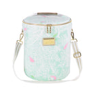 Small cylindrical handbag with floral pattern and gold accents on a white background