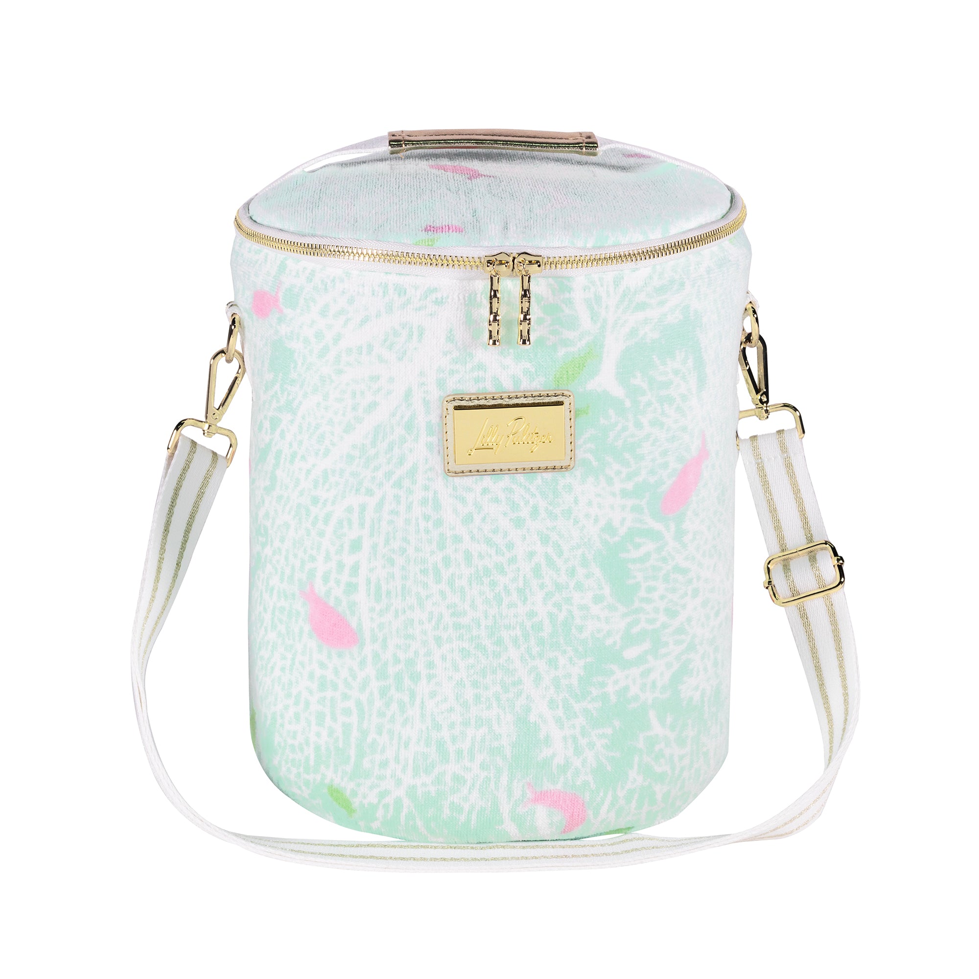 Small cylindrical handbag with floral pattern and gold accents on a white background