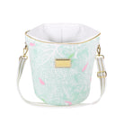 Mint green patterned handbag with gold accents on a white background