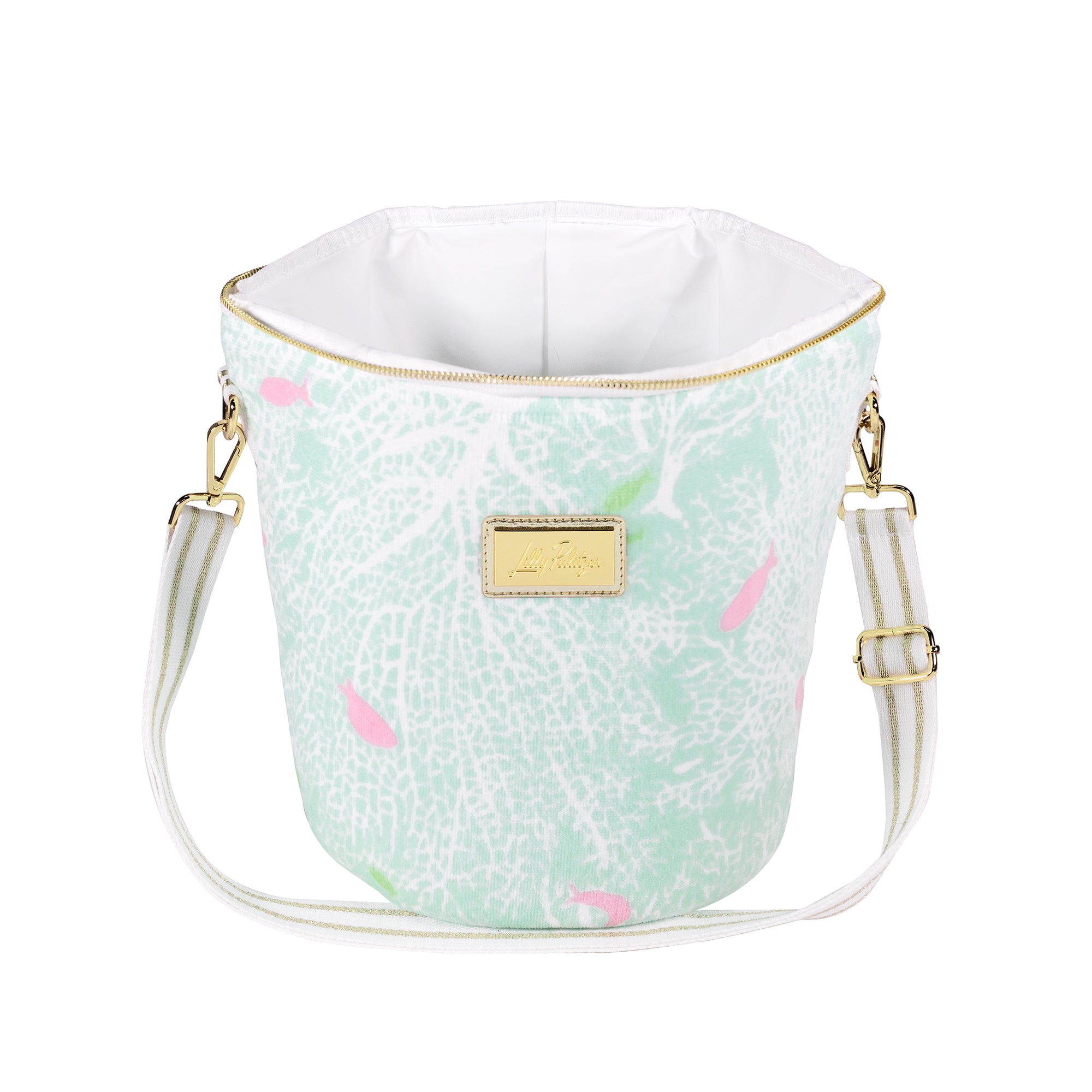 Mint green patterned handbag with gold accents on a white background