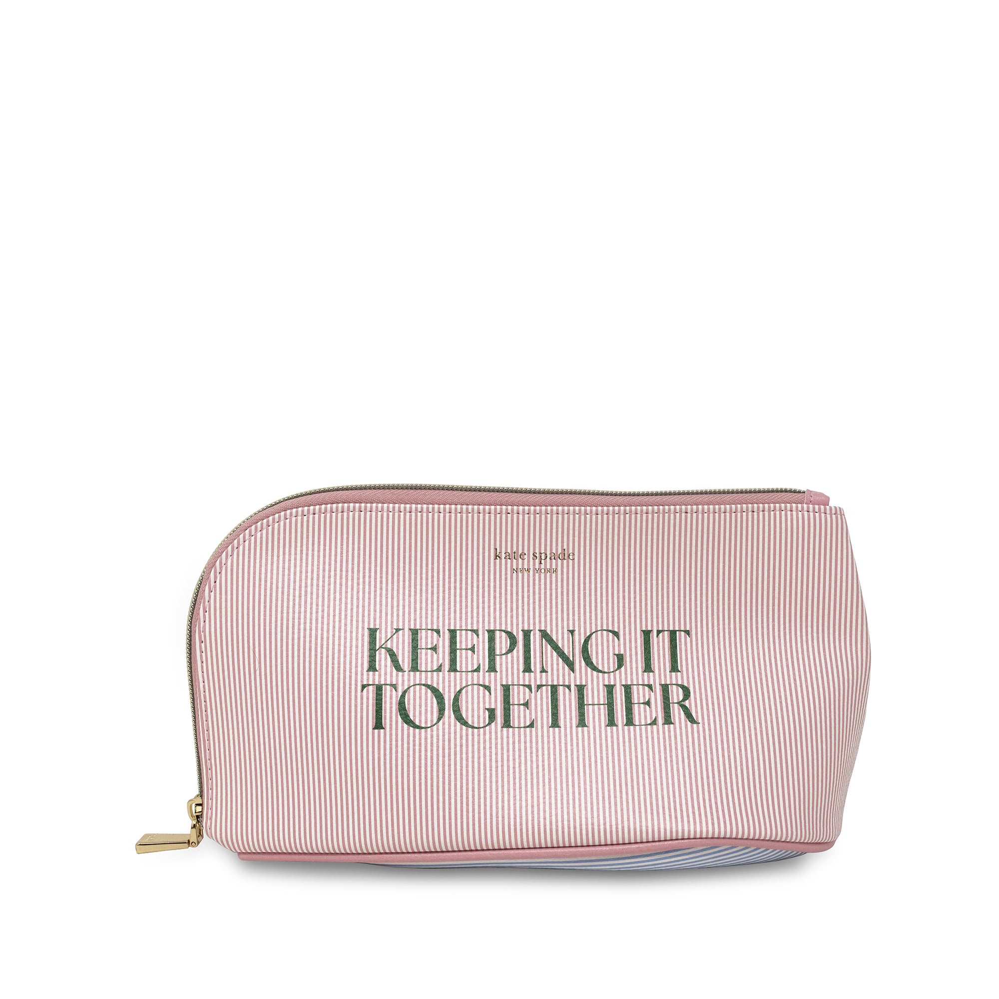 Pink striped pouch with 'Keeping It Together' text on a white background