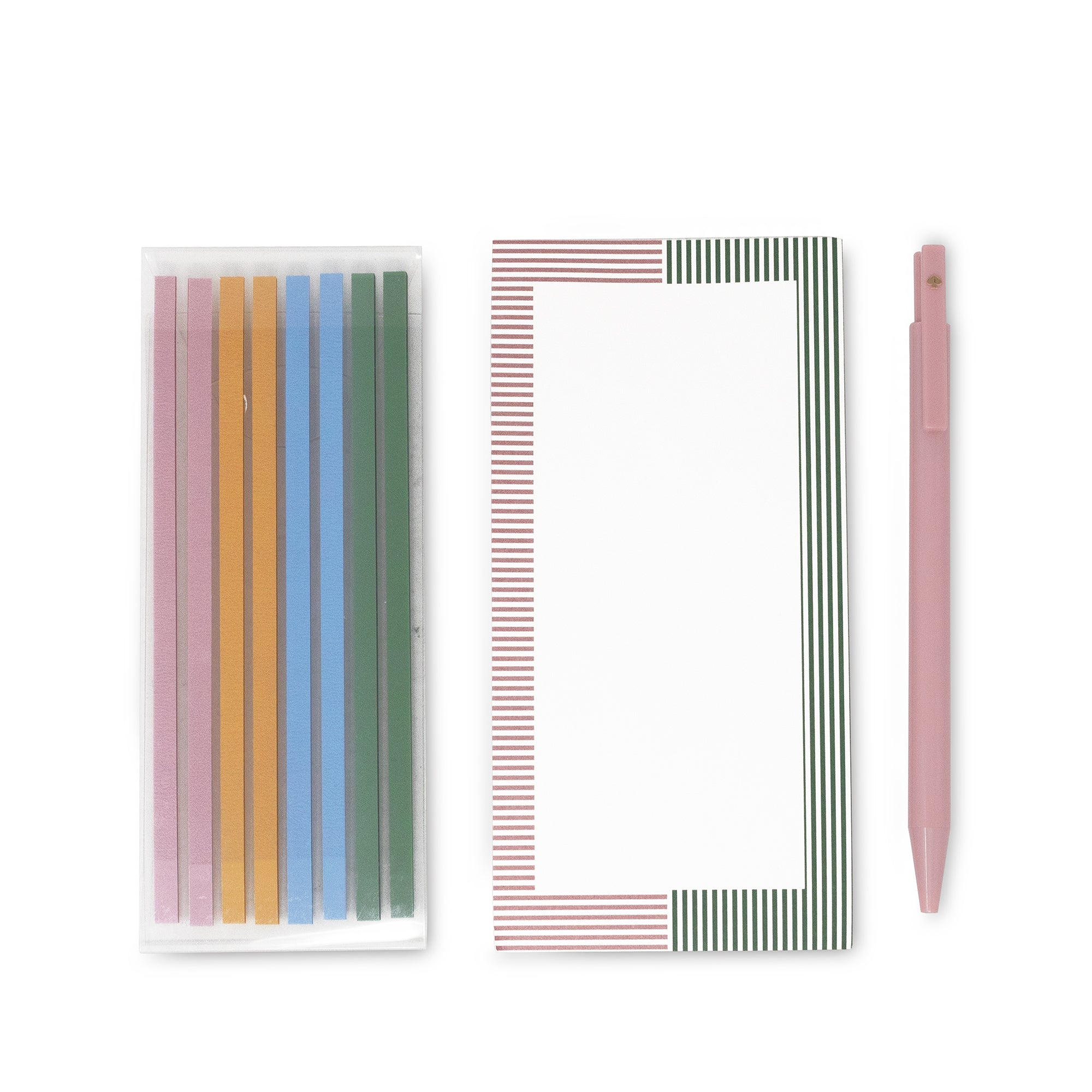 Set of colorful pens, a striped notepad, and a pink pen on a white background