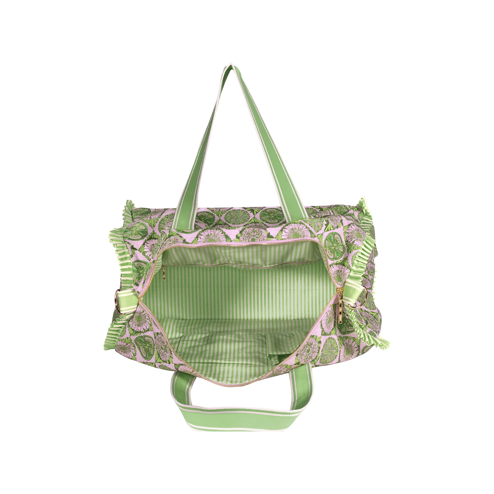 A green and pink patterned tote bag with a striped interior lining, shown from the front against a plain white background.