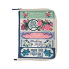Floral and text design on a product with 'Little Women' and 'Pride and Prejudice' text.