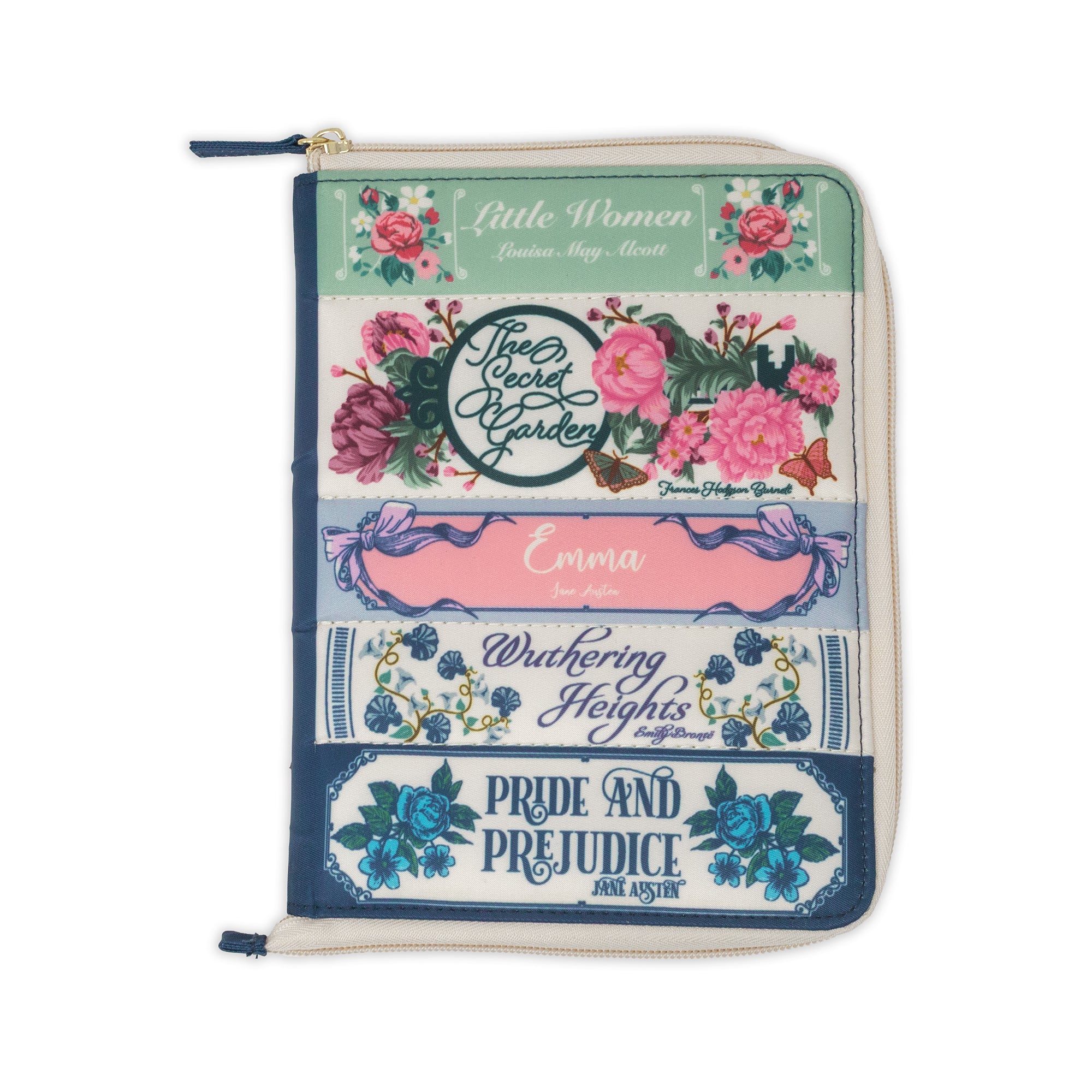 Floral and text design on a product with 'Little Women' and 'Pride and Prejudice' text.