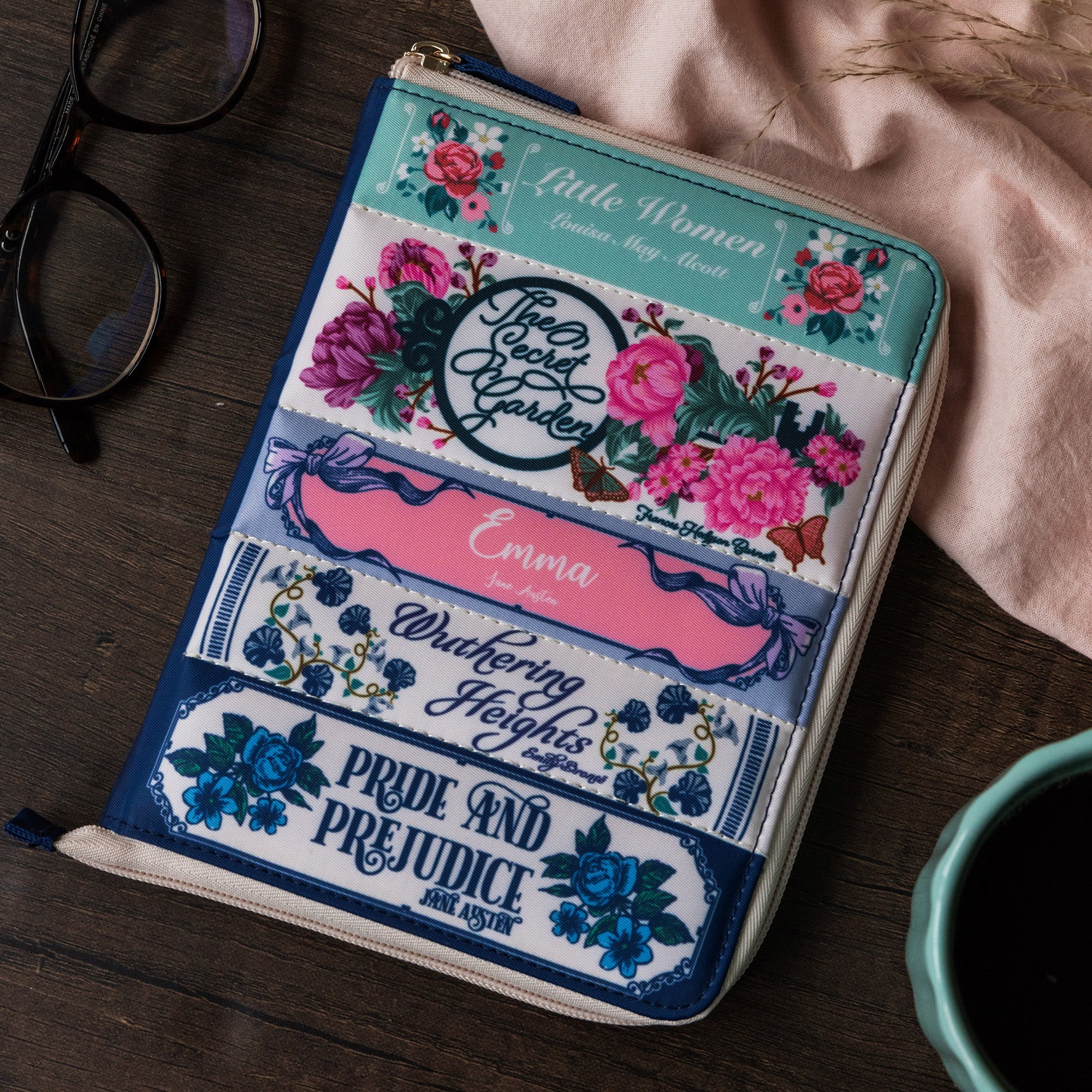 e-reader folio with stacked classical book titles