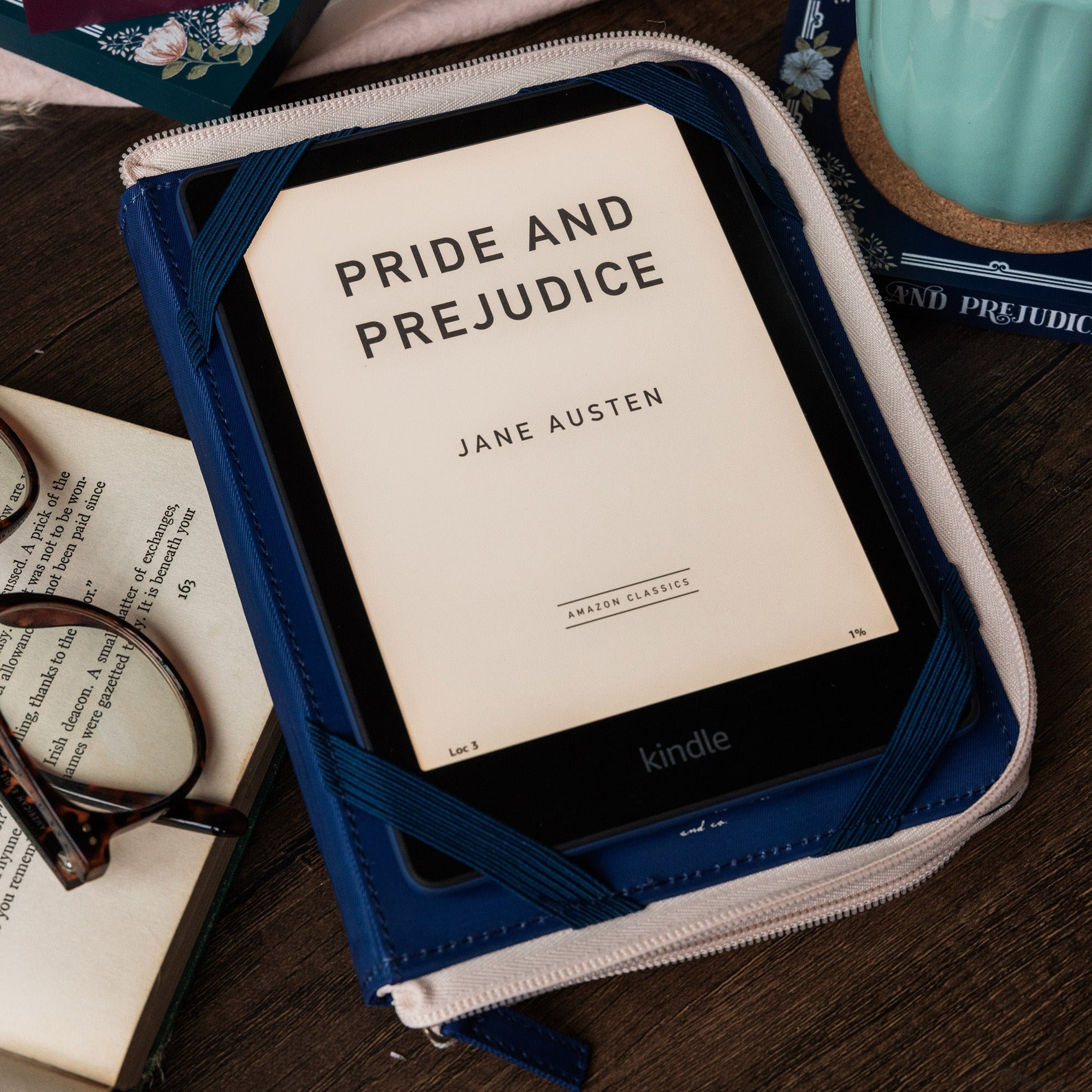 navy interior of e-reader folio with stacked classical book titles