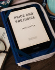 navy interior of e-reader folio with stacked classical book titles
