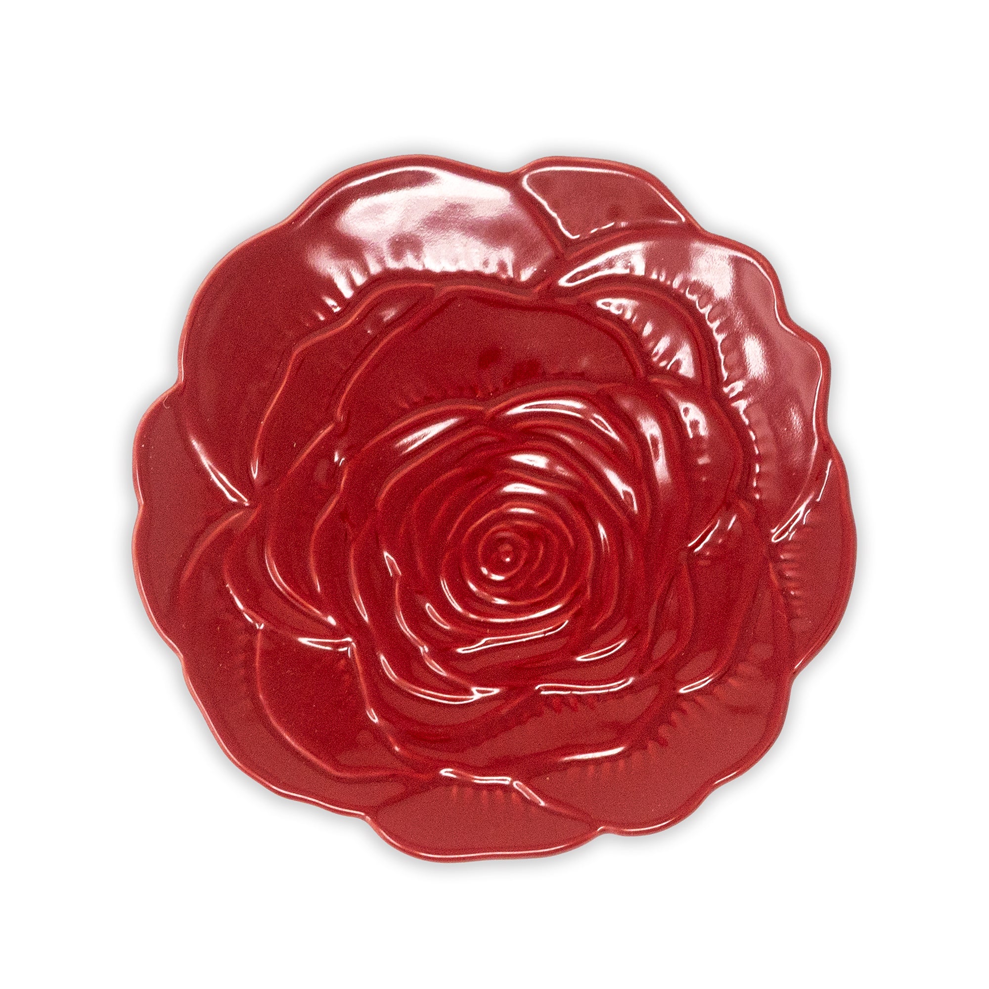 Red rose-shaped tray on a white background