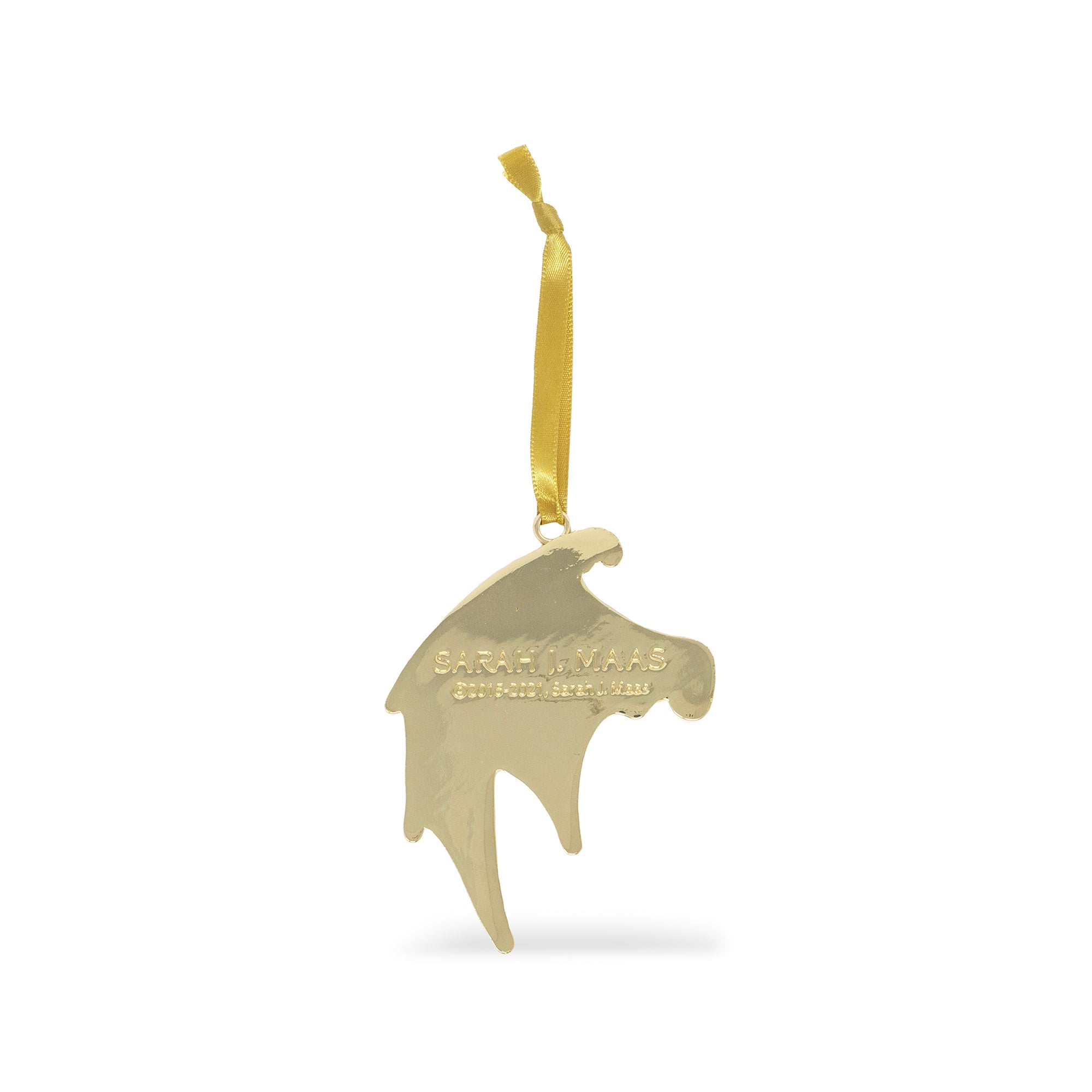 back view of navy and gold accented court wings ornament with gold hanging ribbon