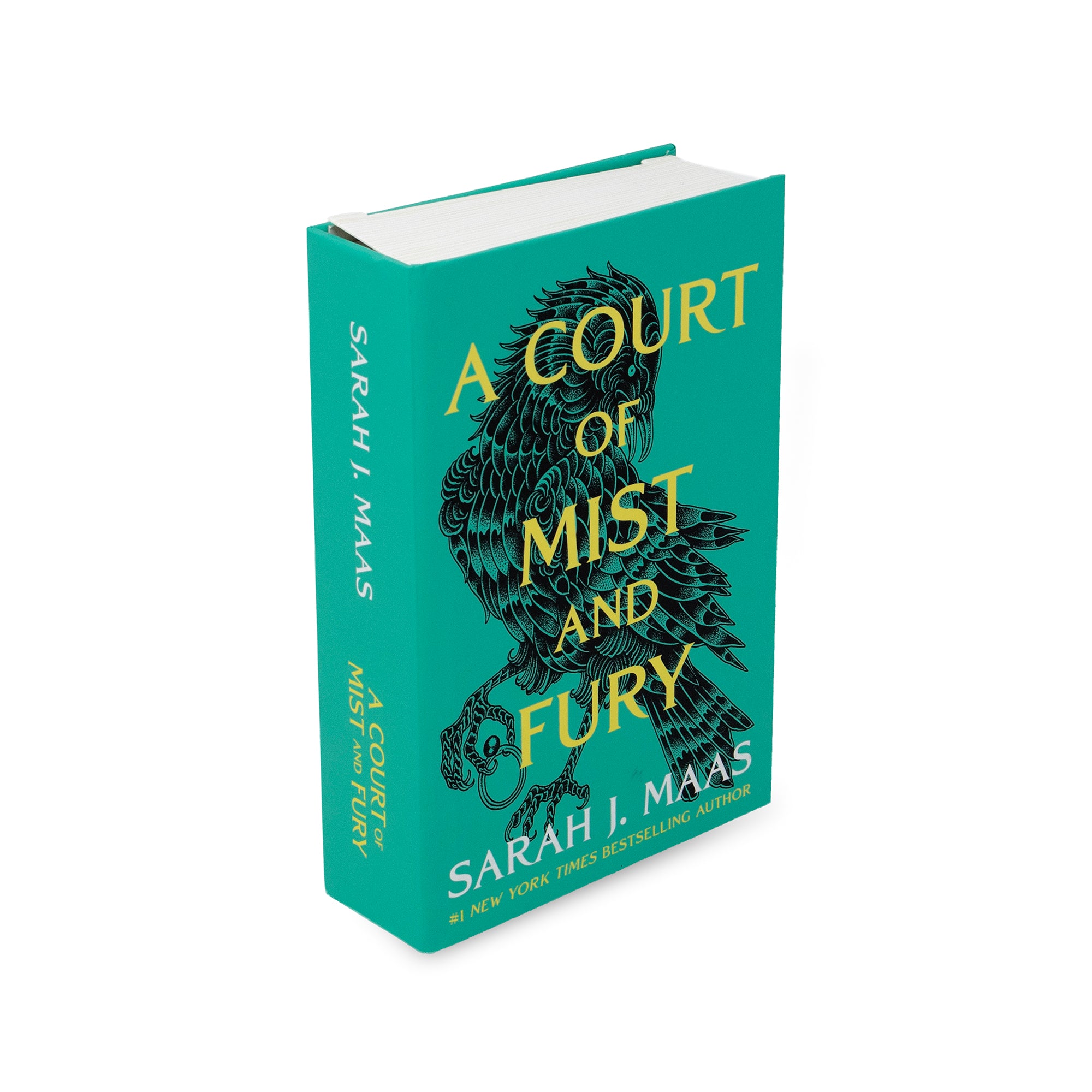 The book 'A Court of Mist and Fury' by Sarah J. Maas, shown as a 3D paperback mockup at a three-quarter angle on a solid white background.