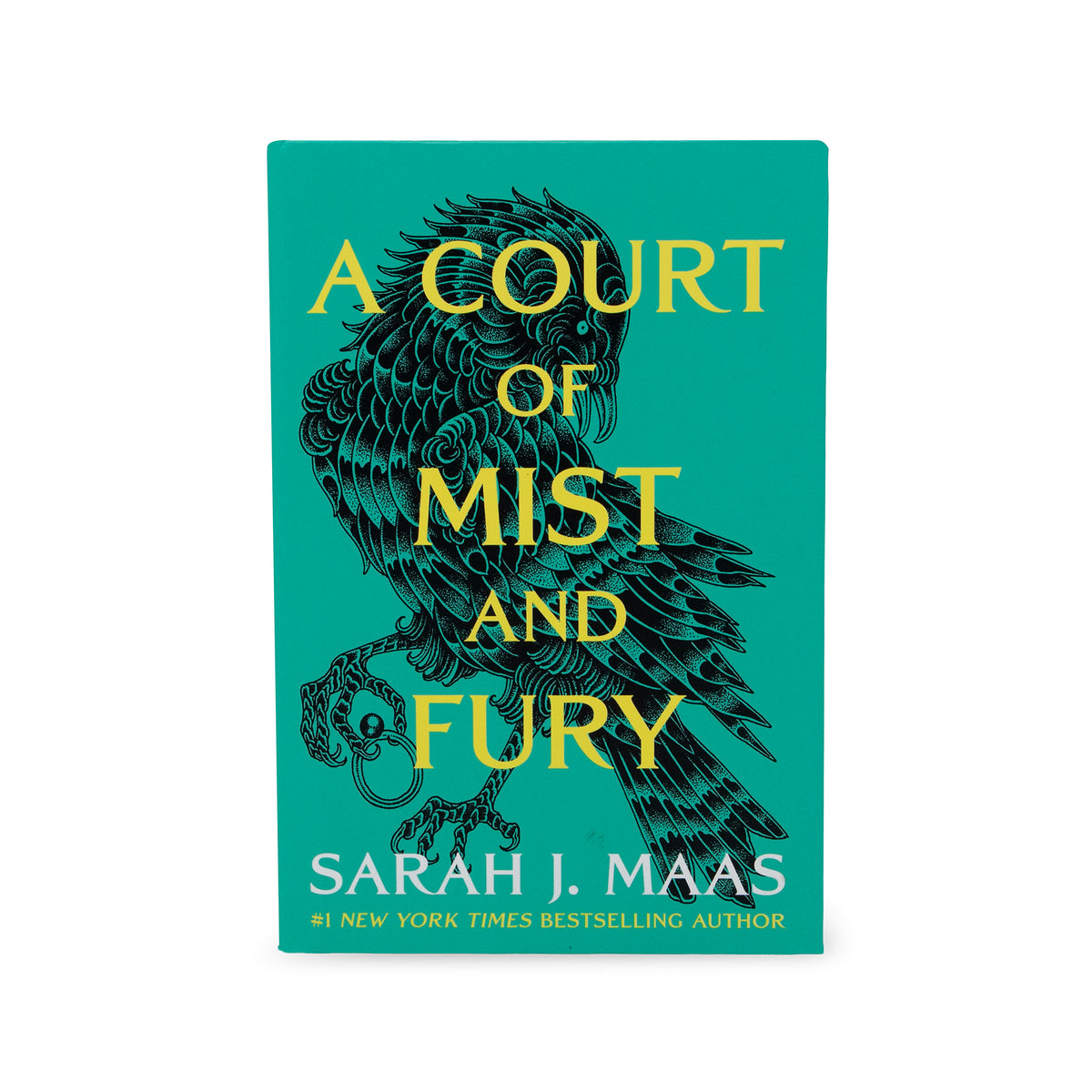 The book cover of 'A Court of Mist and Fury' by Sarah J. Maas, featuring a vibrant teal background with a black illustration of a bird and bold yellow lettering, set against a plain white background.