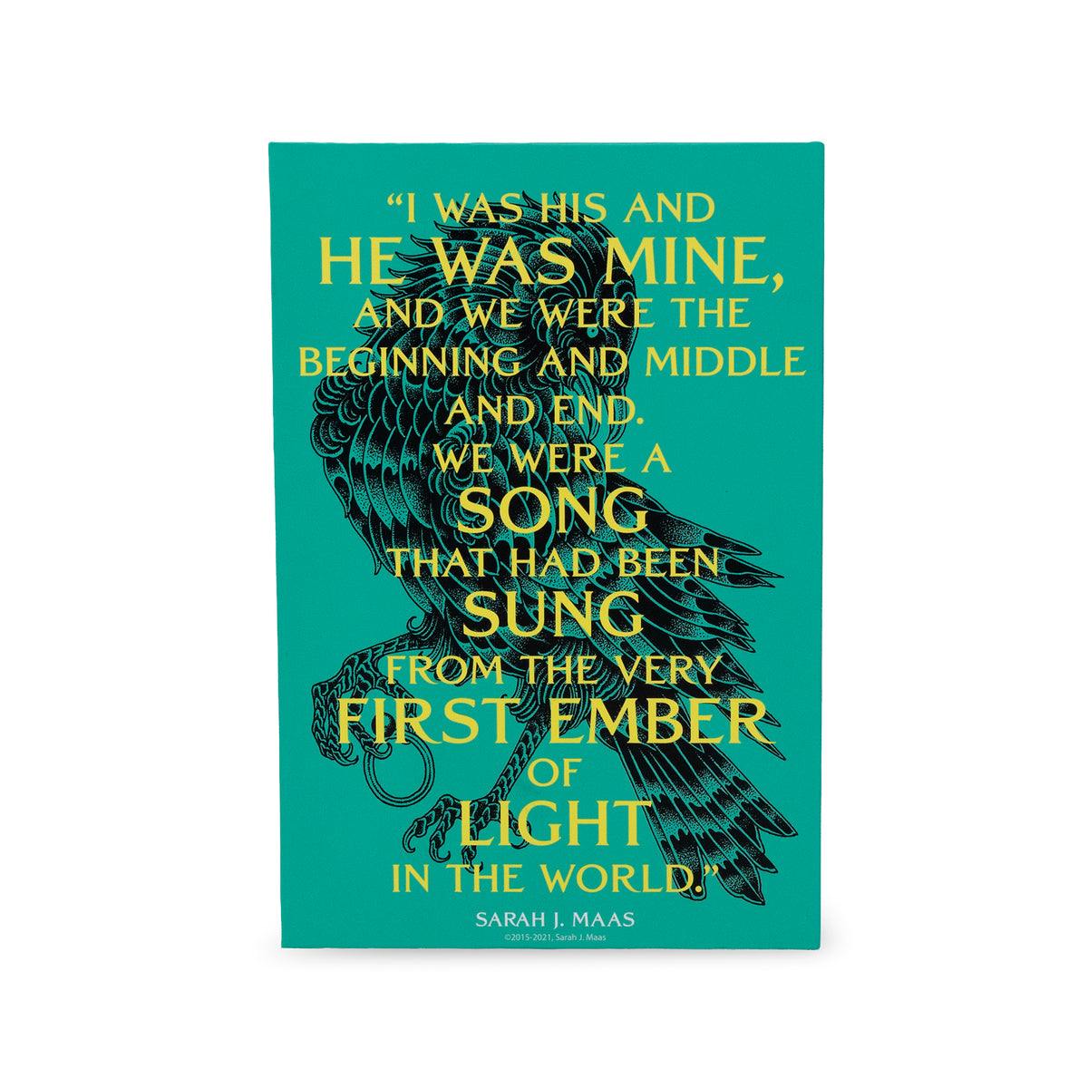 A vertical book packaging on a white background, featuring a teal cover with a large black bird illustration and yellow text quoting Sarah J. Maas.