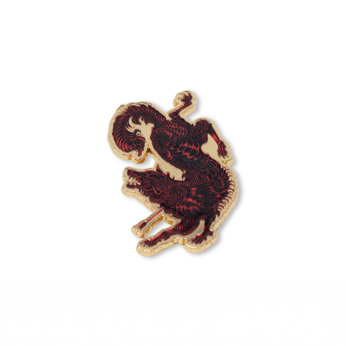 A gold-plated ACOTAR enamel lapel pin depicting a stylized red and black creature, shown on a plain white background.