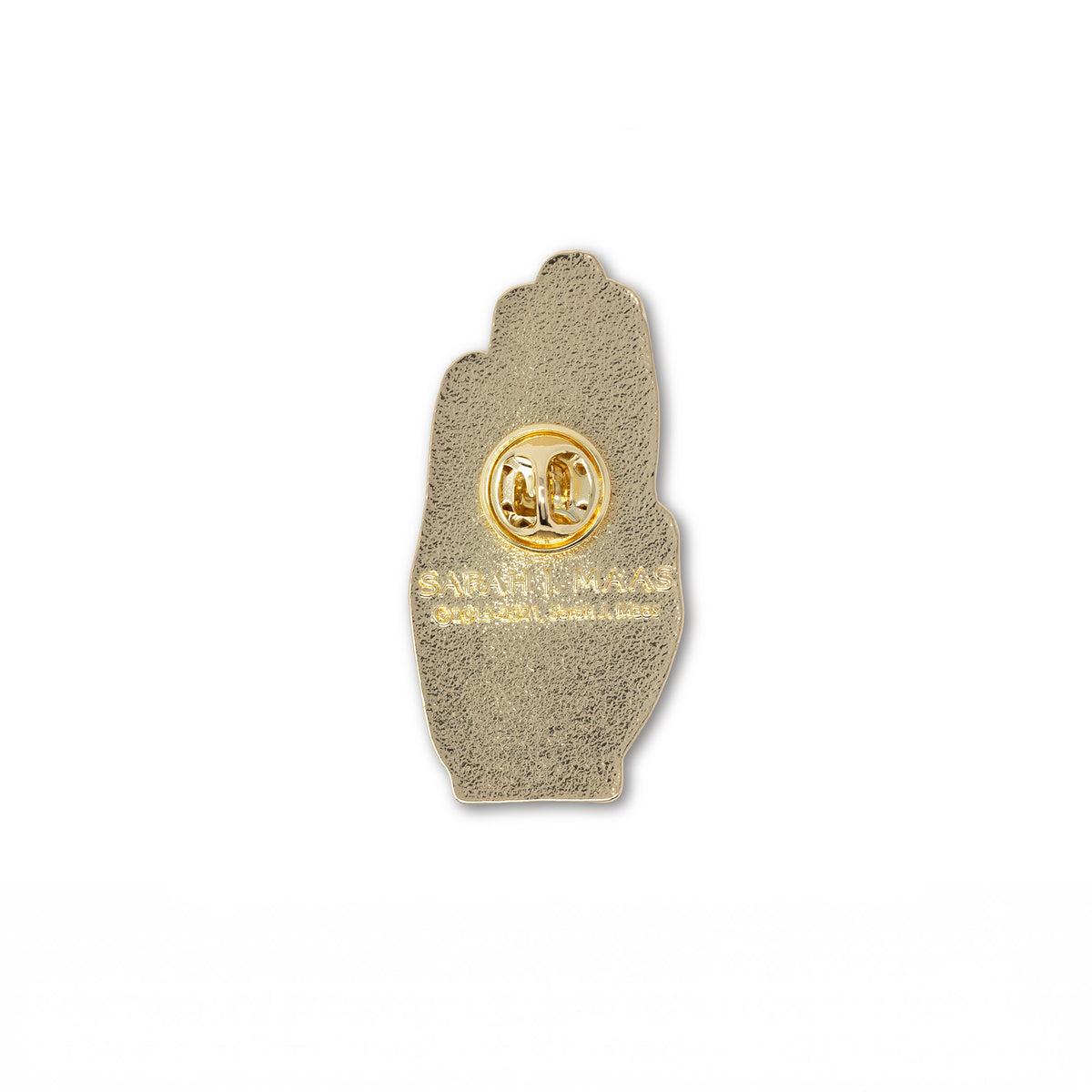back view of hand enamel pin with a gold-tone metal border and a dark blue background decorated with gold celestial patterns, stars, and a central eye motif.